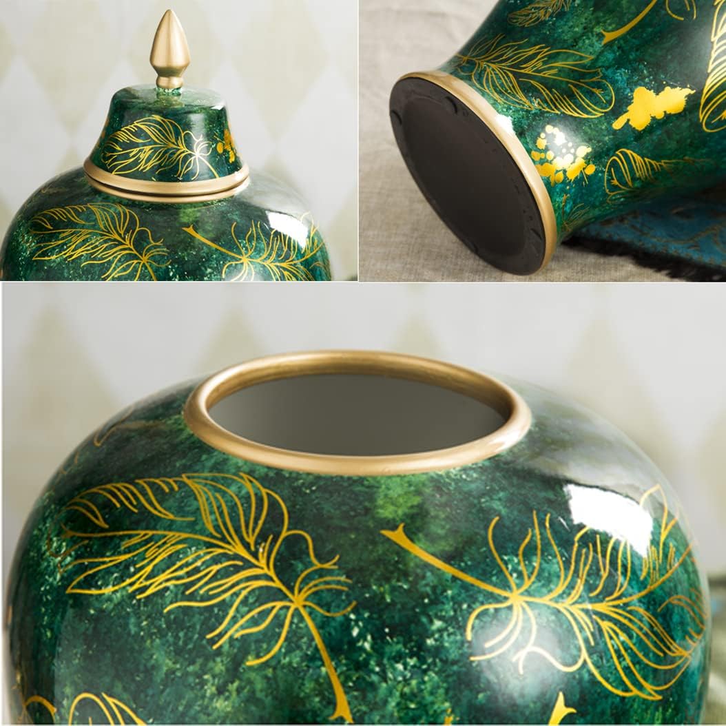 YokIma Green Ginger Jar with Gold Trim,Gold Feather Porcelain Ginger Jar Vase Temple Jar with Lid Decor, Ceramic Decorative Jars for Office, Table, Living Room, Bookshelf A (B)