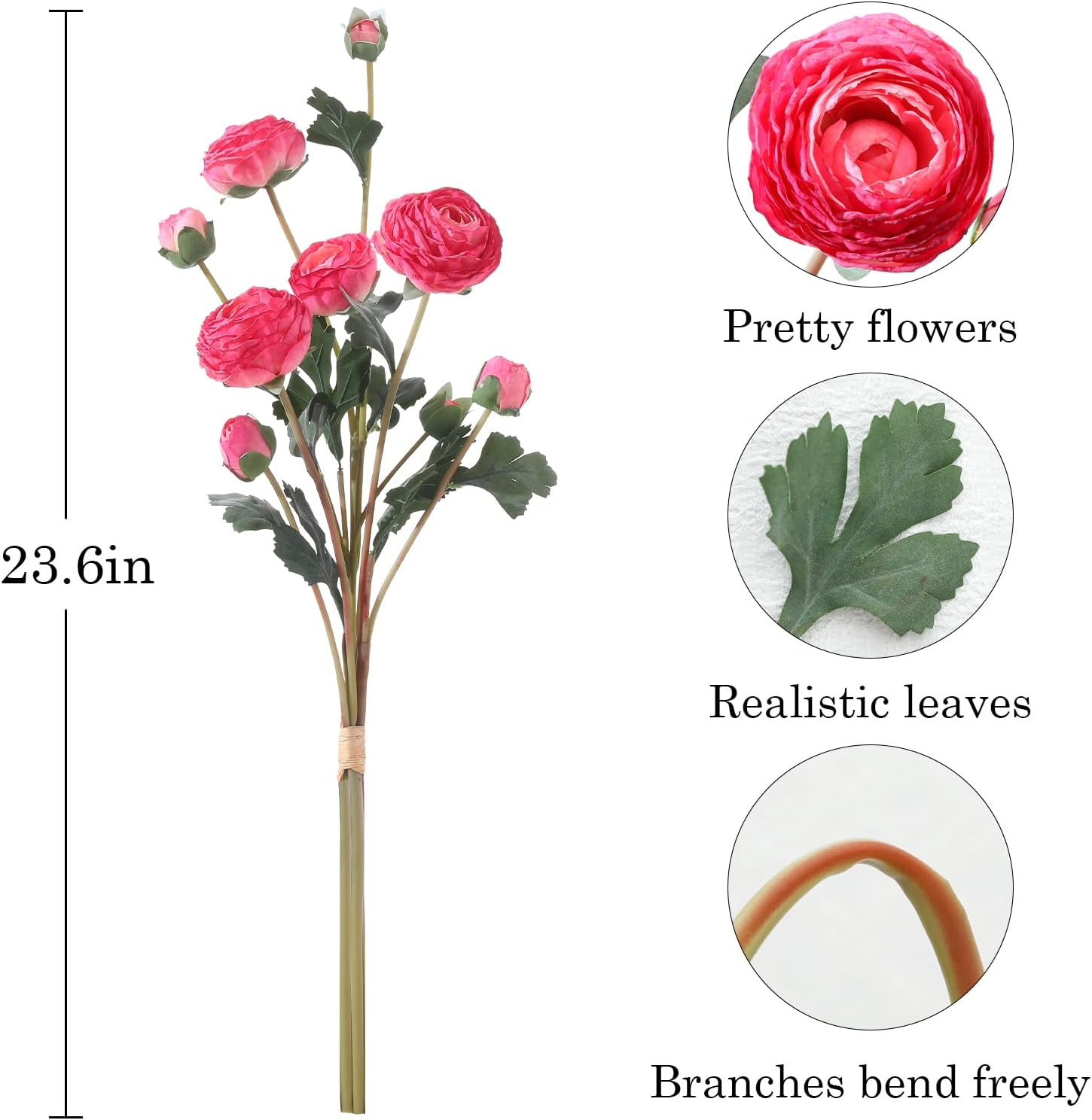 6Pcs Realistic Silk Pink Ranunculus Artificial Flowers Long Stems, 23.6" Tall Fake Flowers Faux Flowers Suit for Year-Round Home Decoration, Wedding, Bridal Bouquets, Office - Image 2
