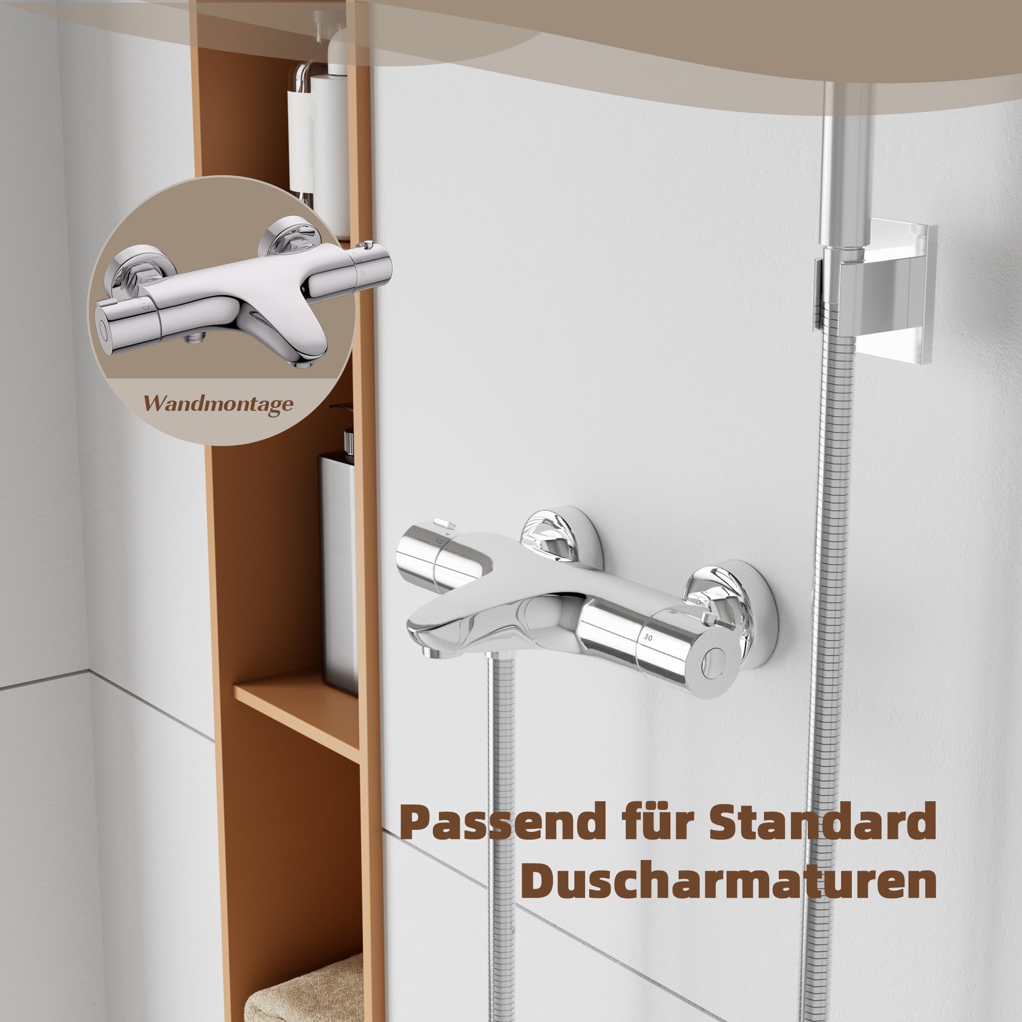 MORADO Thermostatischer Badewannenmischer, Wandmontage, Thermostat-Duscharmatur, Badewannenarmaturen mit 38 °C Sicherheitsschutz, Verbrühungsschutz, seitlicher Auslass, Badewannenauslauf, Chrom