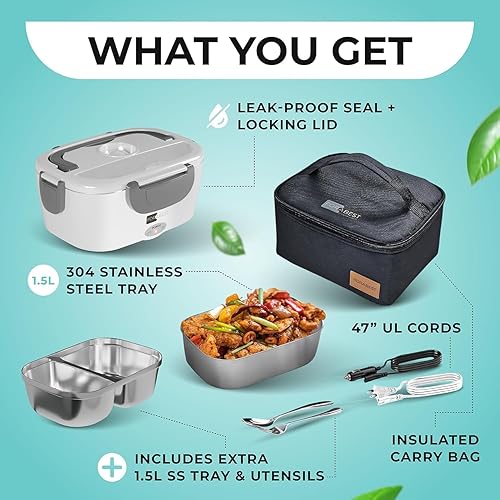 Miniatura 3 de FORABEST Lonchera térmica de 80 W para adultos, calentador de alimentos portátil con 2 recipientes de acero inoxidable de 1.5 L, utensilios, bolsa