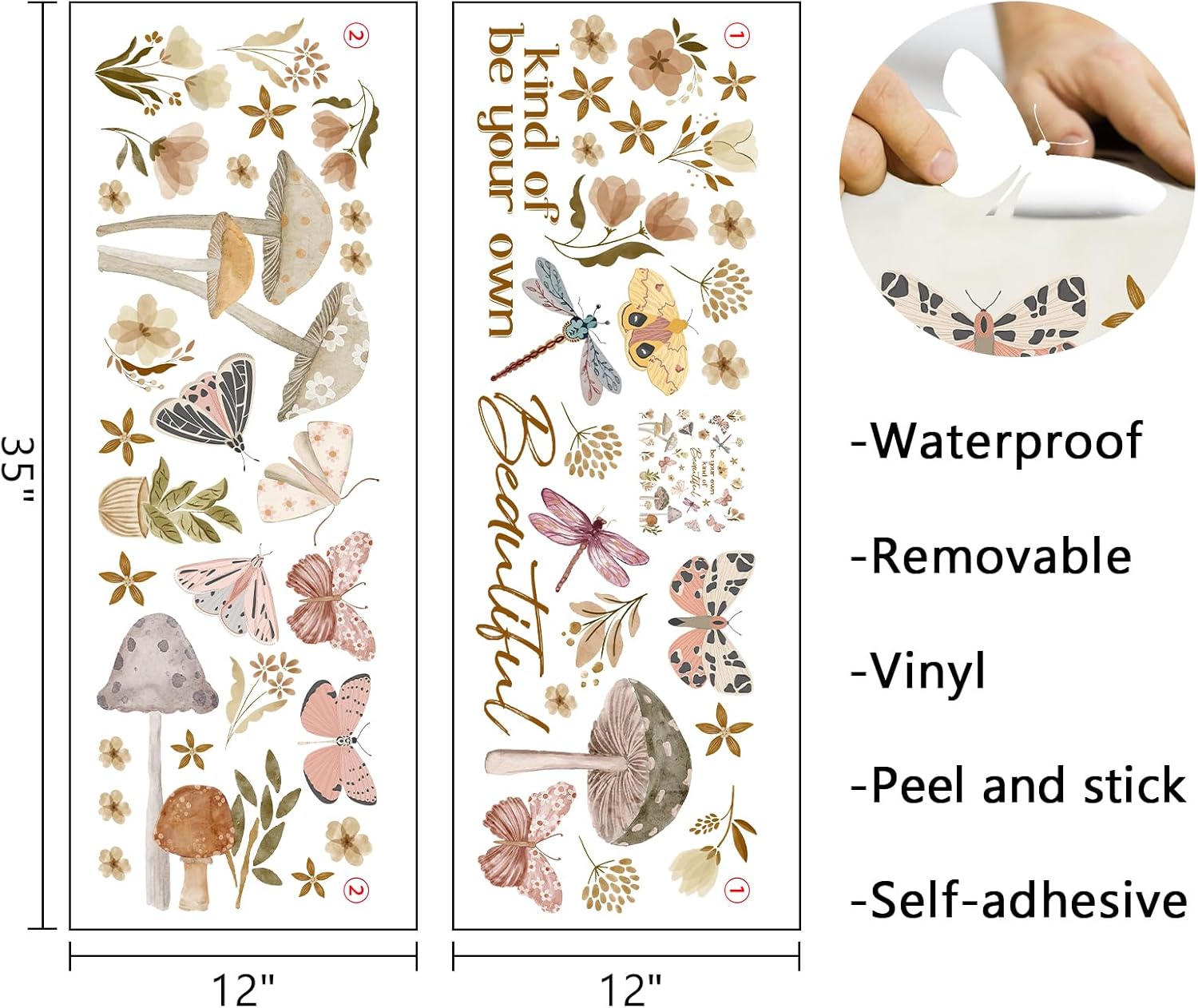 Mfault Boho Floral Mushroom Wall Decals Stickers, Inspirational Be Your Own Kind of Beautiful Butterfly Decorations Bedroom Art, Whimsical Botanical Flower Dragonfly Home Living Room Kitchen Decor