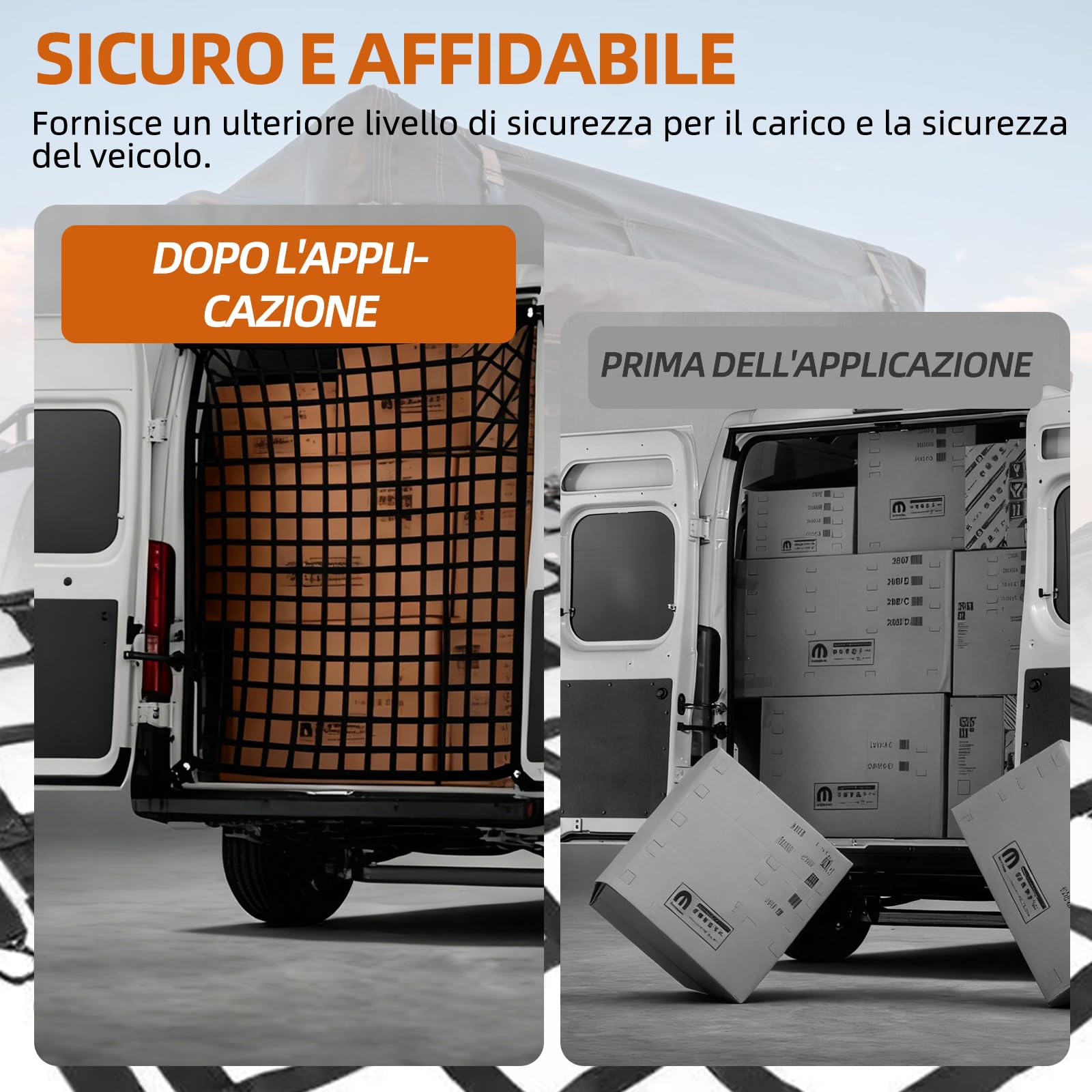 Rete di carico: rete antistrappo con 4 cinghie regolabili per fissare il carico su rimorchi pickup. Adatto per furgoni, Ducato, Boxer, Jumper, Opel Movano, Ford Transit, Mercedes-Benz
