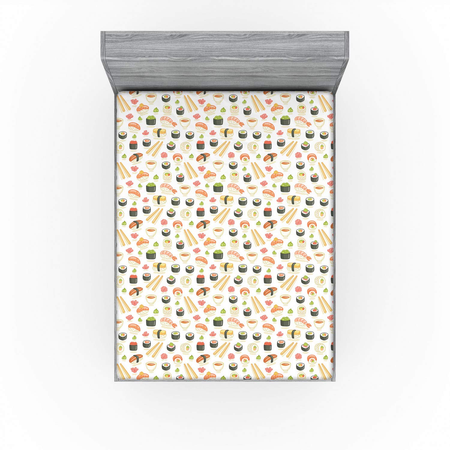 Ambesonne Sushi Fitted Sheet, Cartoon Unagi Roll Nigiri and Wasabi Sauce Yummy Fresh Food Concept, Bed Cover with All-Round Elastic Pocket for Comfort, California King, Cream Green