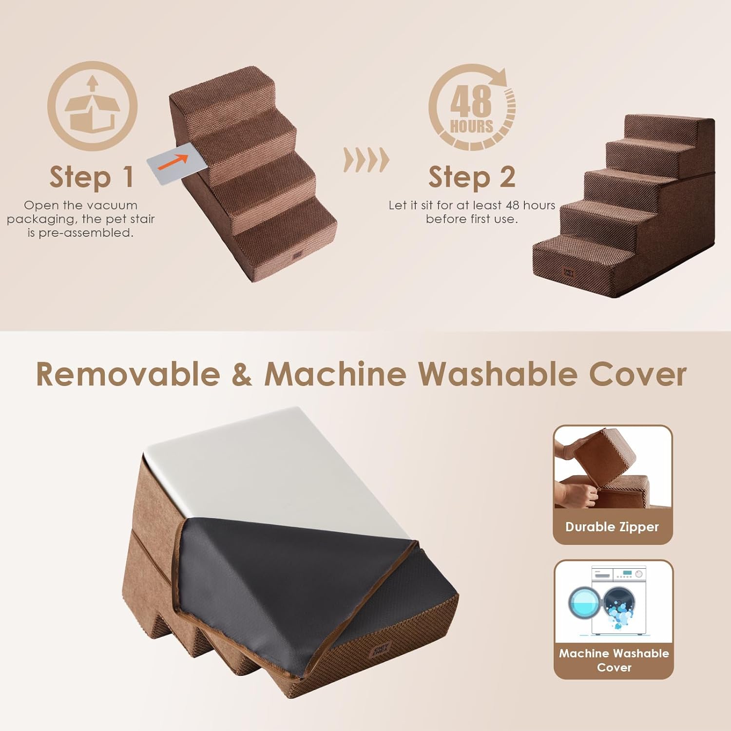 EHEYCIGA Dog Stairs for High Bed 22.5 H, 5-Step Dog Steps for Bed, Pet Steps for Small Dogs and Cats, Non-Slip Balanced Pet Ramp Indoor, Brown