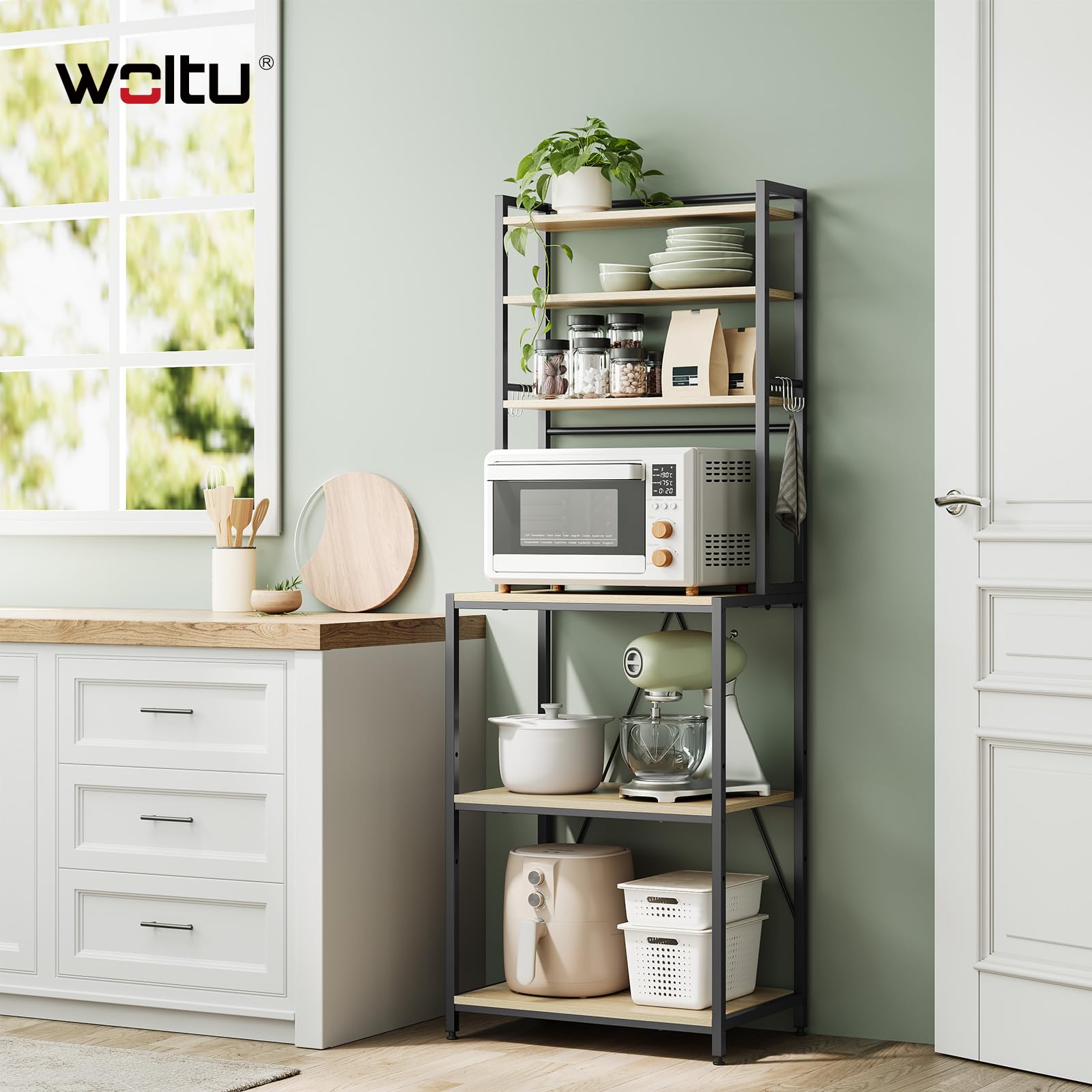 WOLTU Scaffale da Cucina con 6 Ripiani, Scaffale per Microonde con 6 Ganci, Struttura in Metallo, Legno Ingegnerizzato, 60x40x167cm, Rovere Chiaro+Nero