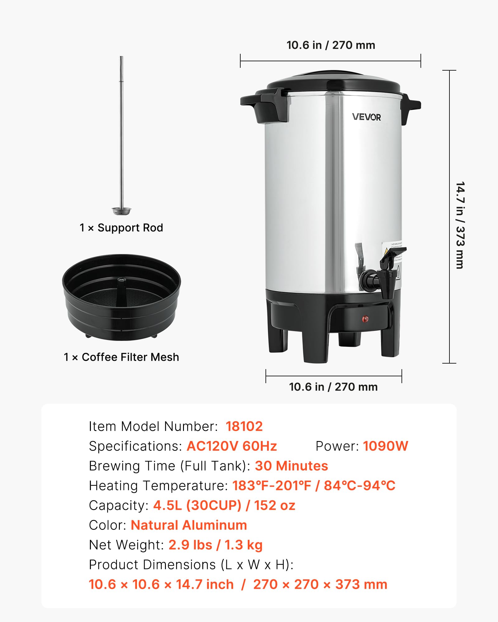 VEVOR kommerzieller Kaffeeautomat 30 Tassen4,5 L Heißgetränkespender mit tropffreiem Wasserhahn, Kaffeekanne mit automatischer Temperaturregelung, für Catering Party Kirche Restaurant