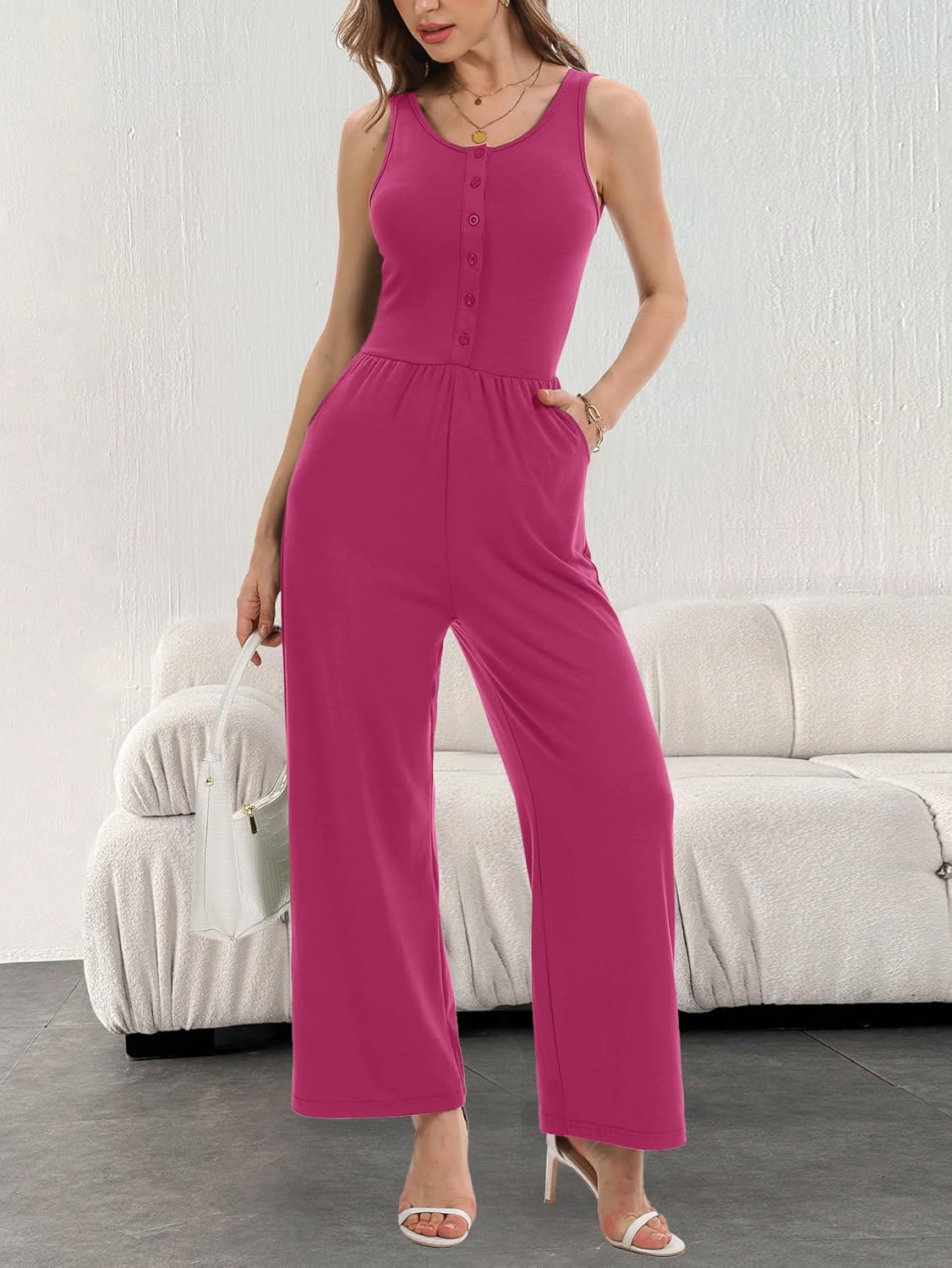 AUXDIO Women's Casual Sleeveless Jumpsuits One Piece Tank Crew Neck 2025 Wide Leg Pant Romper with Pocket - Image 3