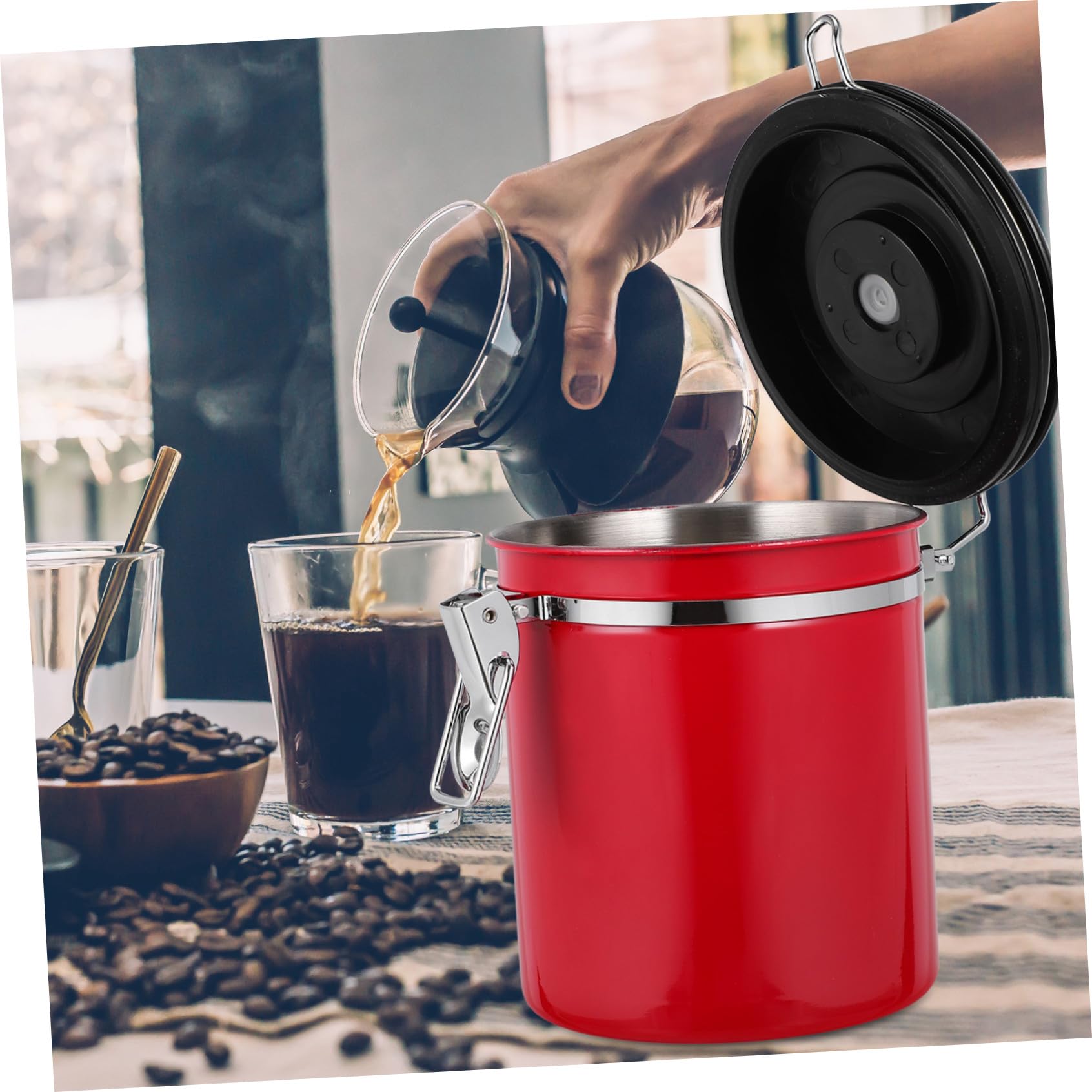 TOYANDONA Luftdichter Vielseitig und Frisch Haltend aus Edelstahl Kaffeebohnenbehälter Roter Aufbewahrungshalter für Kaffee und Gewürze