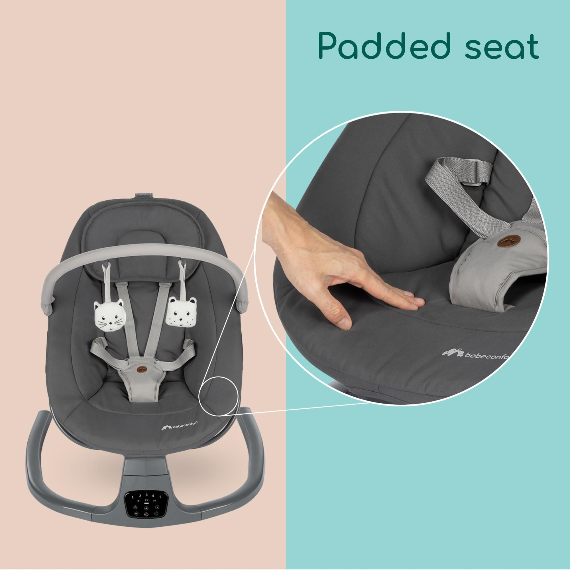 Bebeconfort Jolana Balançoire électrique pour bébé 0-6 mois (9 kg), détection automatique de mouvement, 12 chansons apaisantes, 5 sons de la nature, dossier réglable, 2 positions d'inclinaison