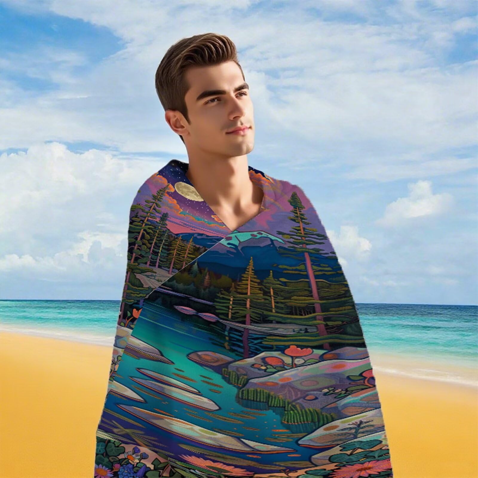 Strandtuch Sternenhimmel Mond Mikrofaser Handtuch Groß 220 x 100 cm, Saunahandtuch Schnell Trocknendes, Sandfreie Stranddecke, Saugfähiges Badetuch, Platzsparende Reisehandtuch, Sauna Zubehör Y1-951