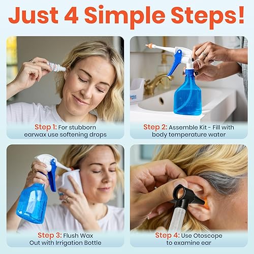 Vista 5 de Kit de eliminación de cera de oído WaxBGone® con otoscopio, gotas para la cera de oído, puntas de irrigación SoftSpray®, botella de spray de alta