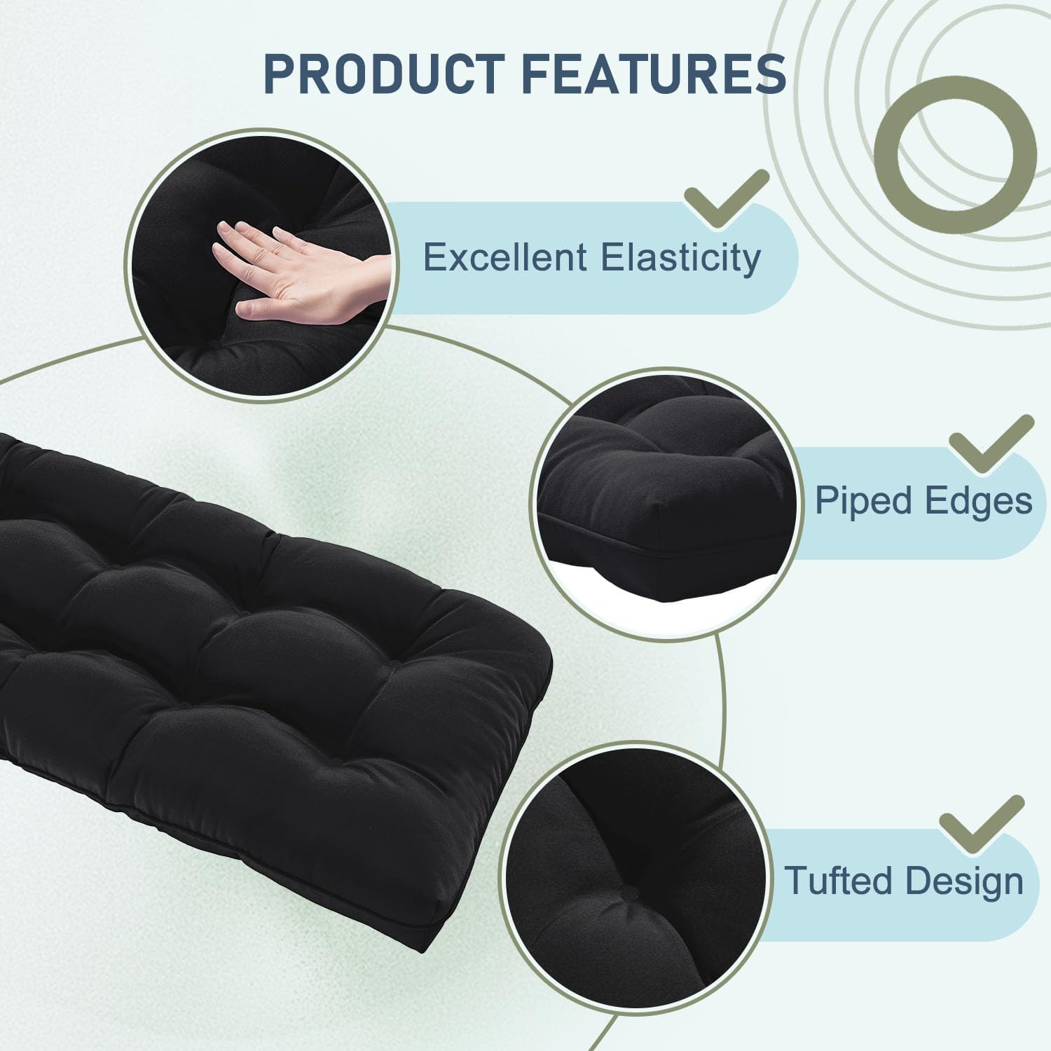 downluxe Outdoor Bench Cushion for Patio Furniture, Water Resistant Tufted Overstuffed Porch Swing Cushions, Thick Outdoor Loveseat Cushions, 44" X 19" X 5", Black, Set of 1