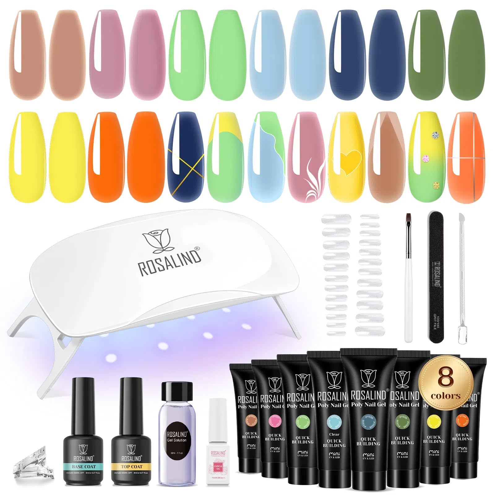 ROSALIND Kit UV Acrygel pour Ongle Complet, Poly Extension d'ongles en Gel 8 Couleurs 10 ml Avec Lampe UV, Base & Top Coat et Outils de Manucure, DIY Nail Art Ongles Gel Complet Kit pour Débutant