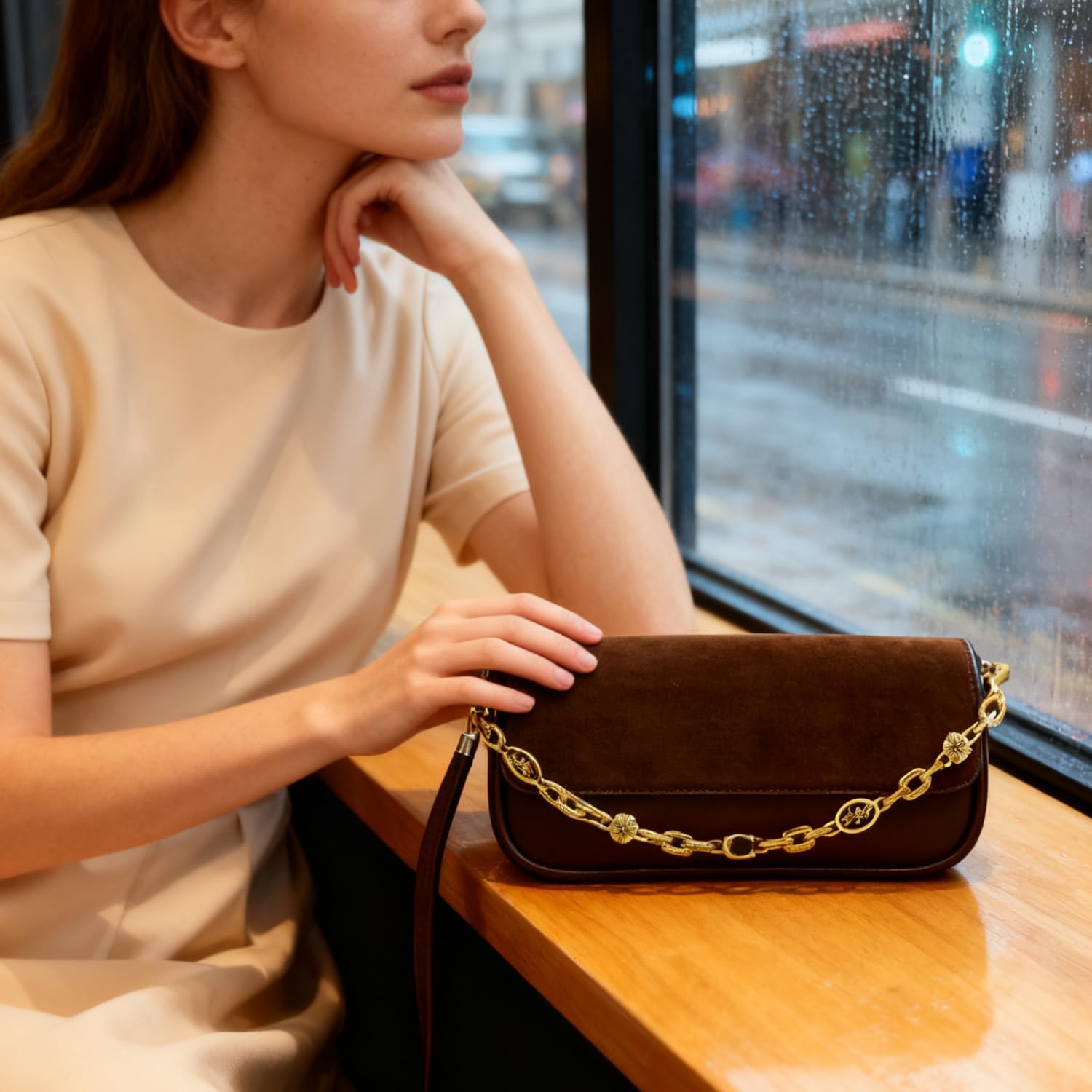 Coffee Suede Satchel-Style Shoulder Crossbody Bag for Women, Anti-Theft Flip Cover with Zipper - Timeless Brown Suede Handbag (Coffee) - Image 8