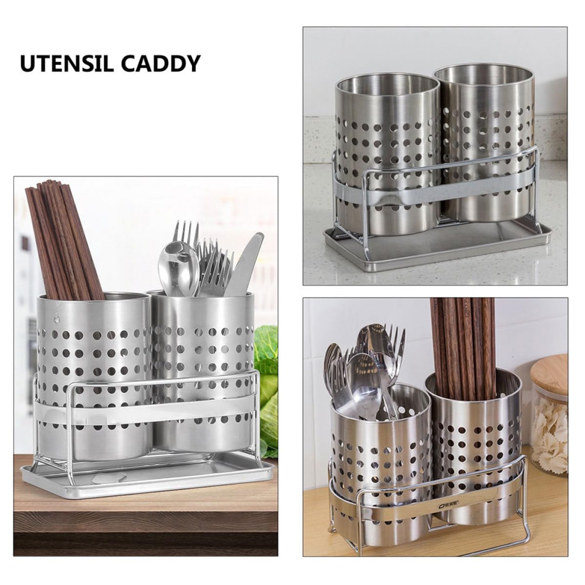 CRAFTHROU Organizador de Cubiertos de Cocina Acero Inoxidable Escurridor y Diseño Ventilado, Cilindro Doble Desmontable para Utensilios y Porta Palillos, Práctico Almacenamiento