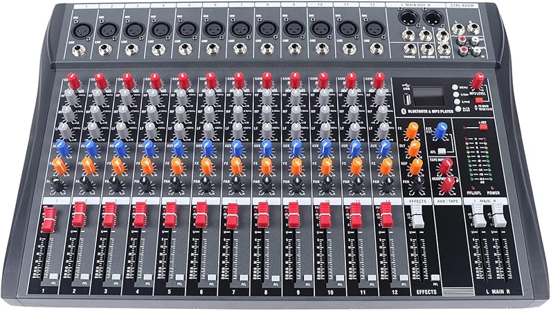 12 Channel Audio Mixer,Professional Sound System Mixer Board DJ Mixing Console,48V Phantom Power Audio Mixer with Bluetooth,Professional Audio Mixer for Studio Karaoke Live Music