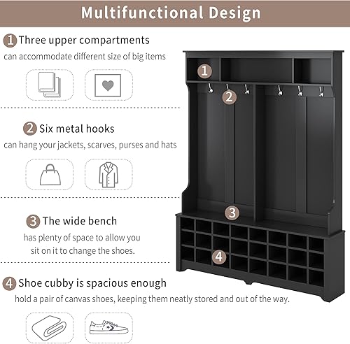 Miniatura 5 de YuiHome Armario de 60 pulgadas de ancho para pasillo, estilo moderno, múltiples funciones, perchero con ganchos de metal con amplio espacio de