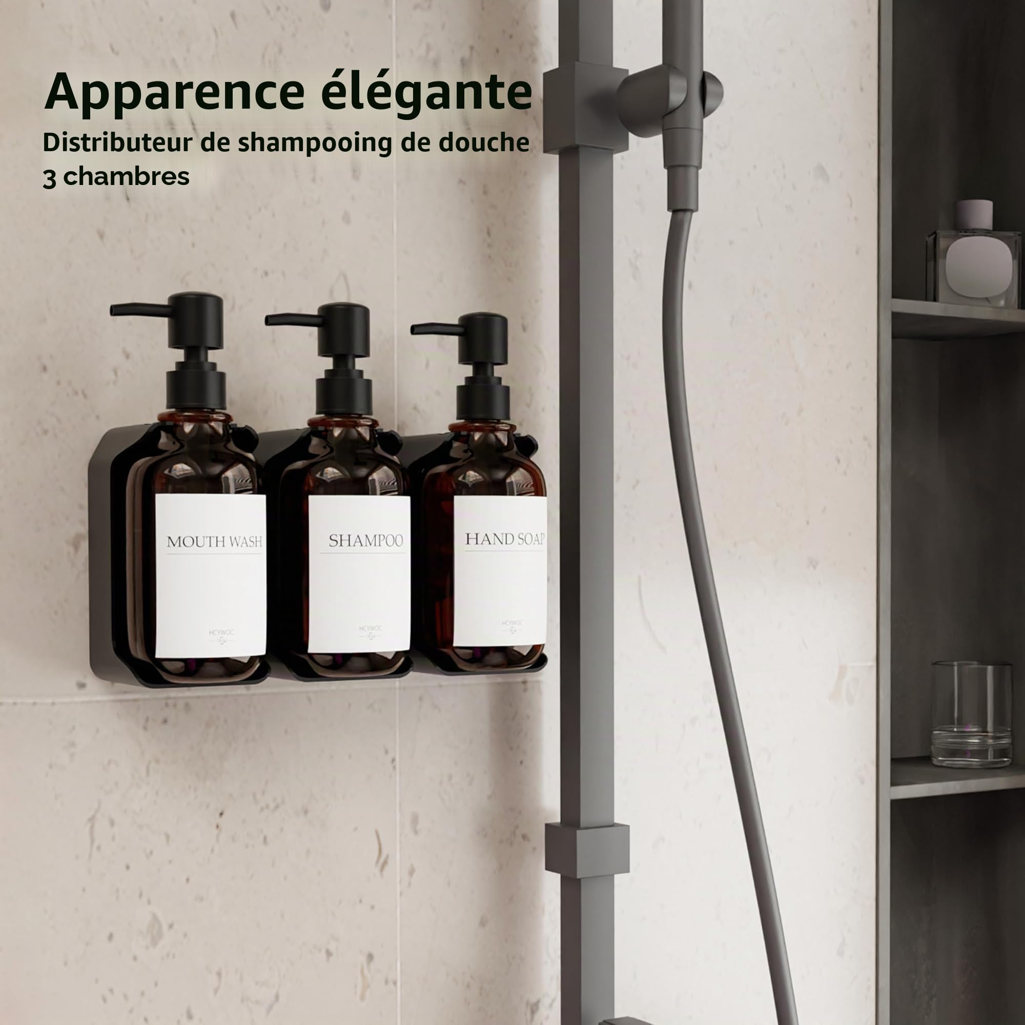 Distributeur Savon Mural sans Percage, Lot de 3, 500 ML Savon avec 16 Étiquettes Imperméables, Cuisine et Salle de Bain, Ambre