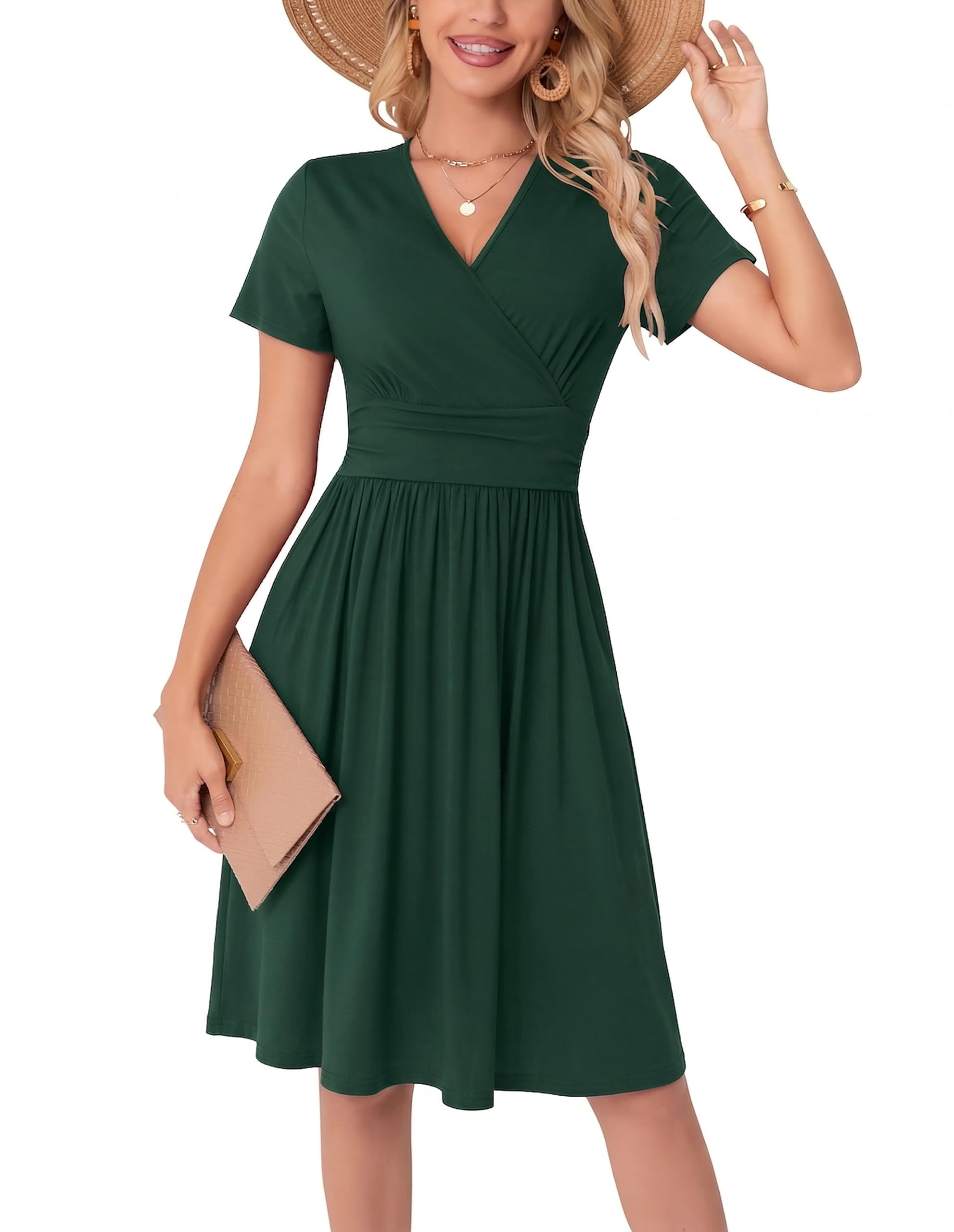 WUWUSKY Sommerkleid Damen Kurzarm V-Ausschnitt Freizeit Kleider A Linie Leicht Casual Dress mit Taschen Strandkleid Rüschen Midikleid Einfarbig A-Linie Kleider,Dunkelgrün,XXL
