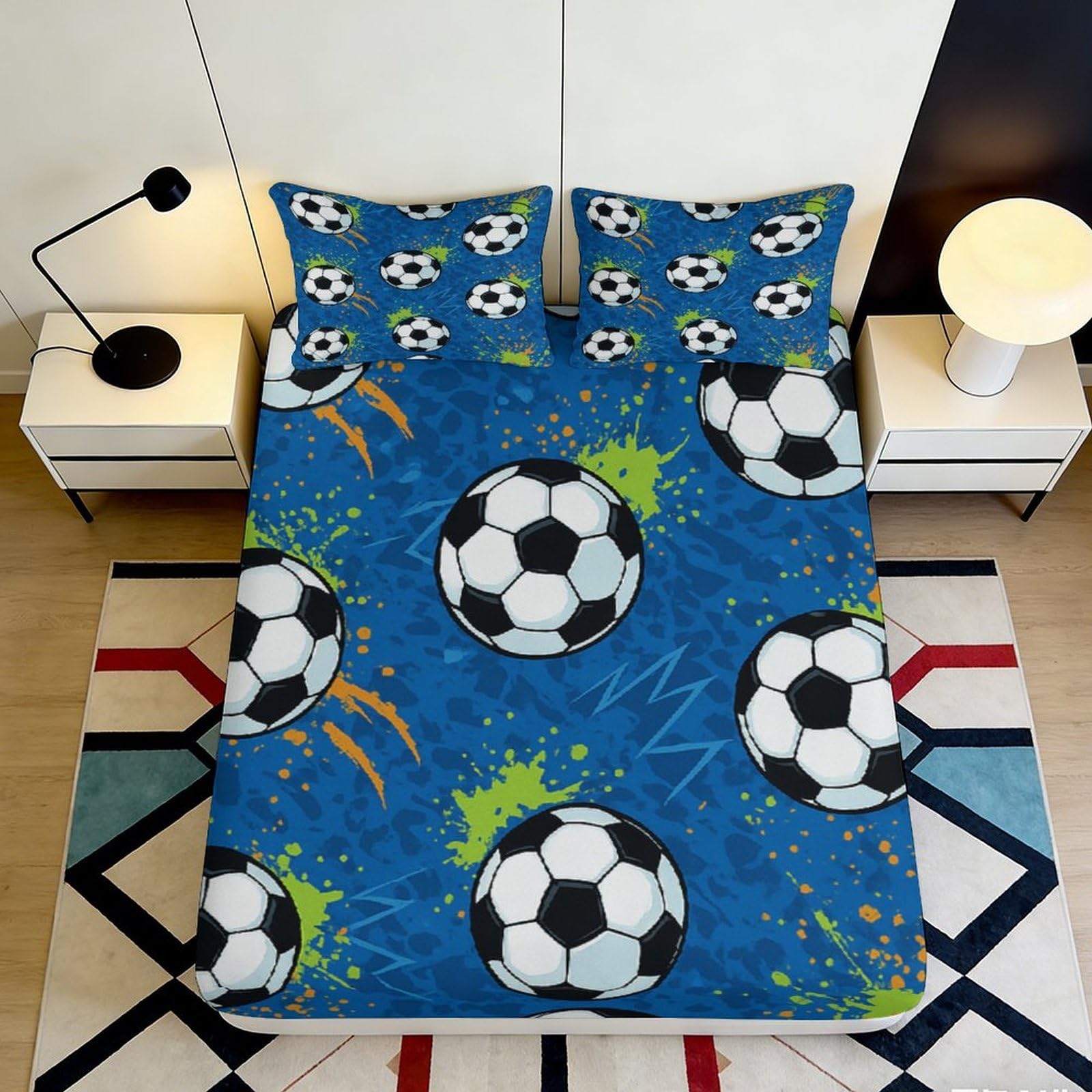 3D Printed Soccer Ball Splash Fitted Sheet Microfiber Blue Bed Cover Bedroom Dorm Mattress Protection Decor 120x200x25cm