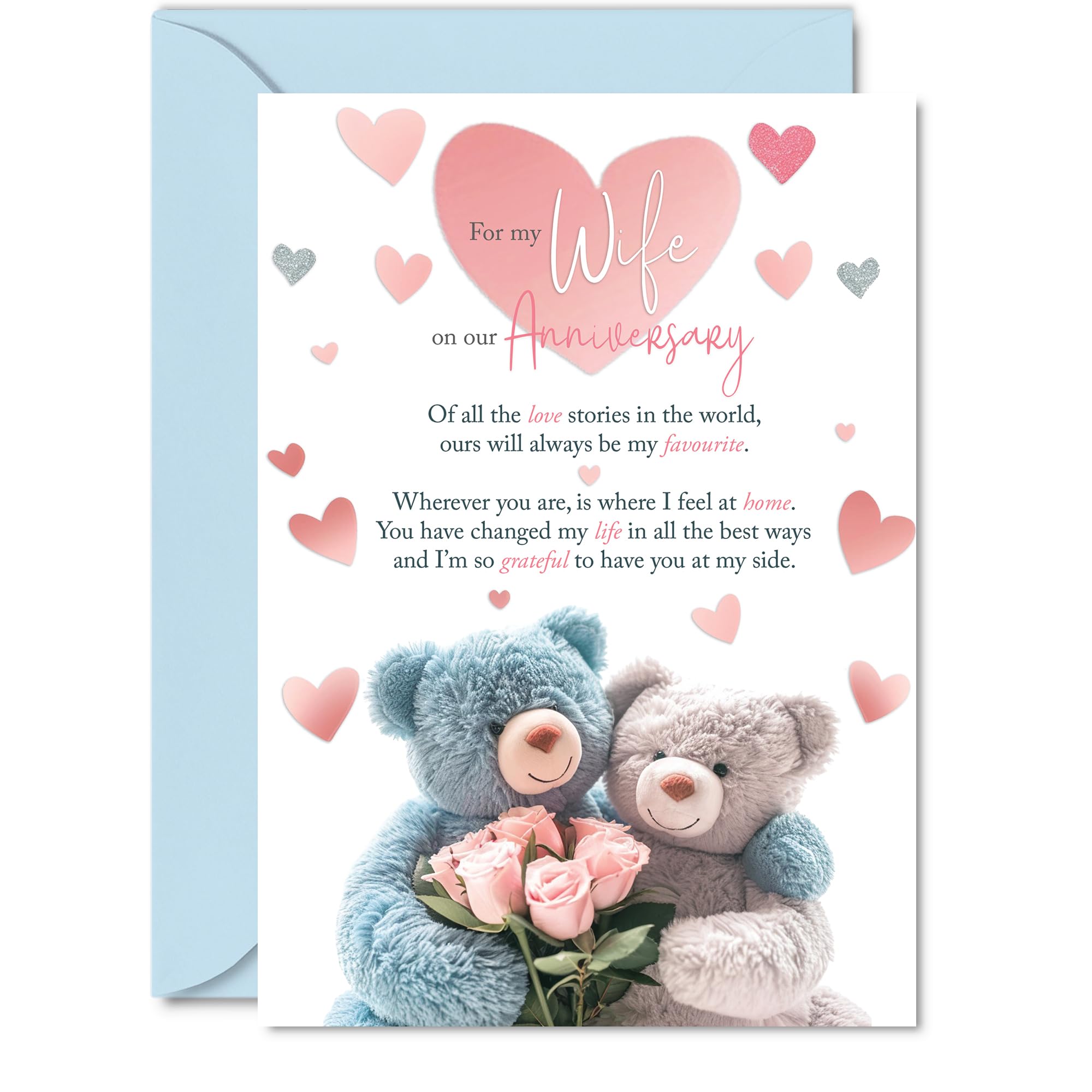 Wife Anniversary Card - Teddy Bear Roses - Happy Anniversary Card for Wife from Husband Partner, 5x7 Inch Wedding Anniversaries Greeting Cards