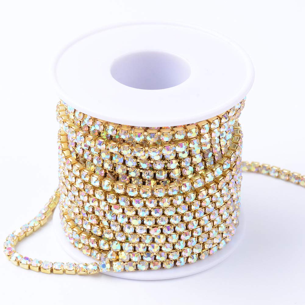Craftdady 10 Yards 4mm Rhinestone Strass Chains Diamante Chain Clear AB Crystal Sewing Trim for Wedding Jewellery Necklace Making Golden