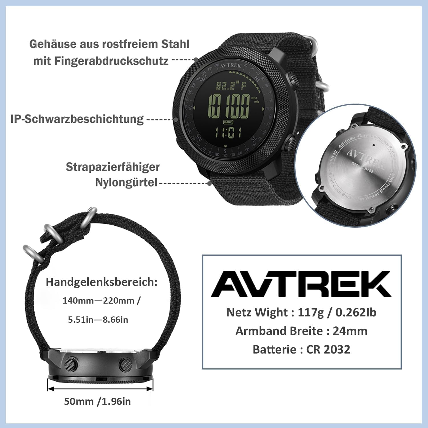 AVTREK Digitale Militär Uhr für Herren,mit Kompass Temperatur Schrittzähler | Sportuhr mit Hintergrundbeleuchtung Alarm,Taktische Überlebensuhren