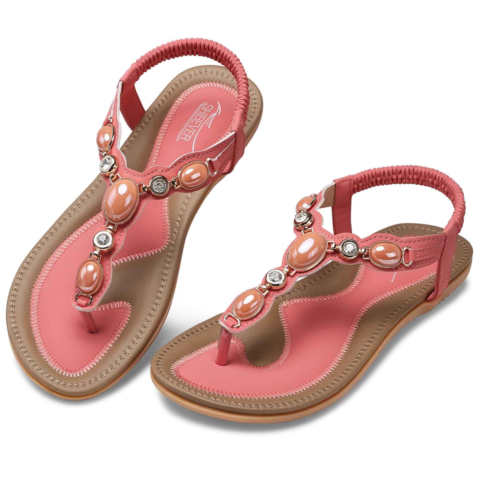 SHIBEVER Dressy Flat Women Sandals: Comfortable Summer Thong Flats Sandal Arch Support Walking Ankle Strap Dress Rhinestone Bling Womens Sandal - All Day Comfort Casual Beach Boho Women's Shoes