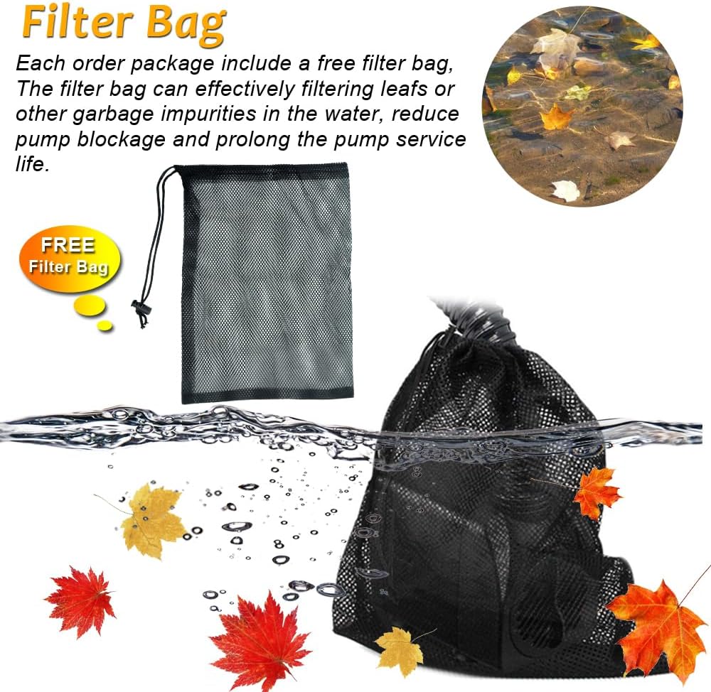 A free filter bag included with the PULACO 800GPH Submersible Water Pump, shown preventing leaves and debris from entering the pump.