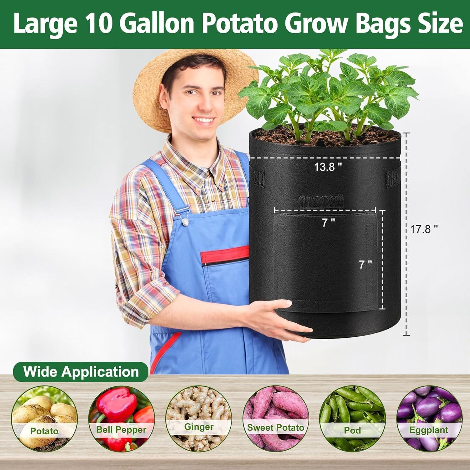Lot de 6 sacs de culture de pommes de terre en tissu non tissé épais avec rabat et poignée de fenêtre pour la culture de pommes de terre, tomates, carottes, légumes, fruits
