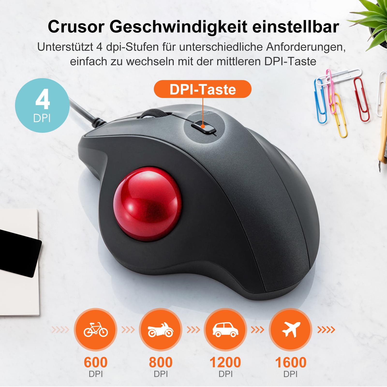 SANWA Trackball Maus mit Kabel, Leise Klik Mäuse, 600/800/1200/1600 DPI, USB-A & Type-C Anschluss, Vorbeugung Mausarm Tennisarm RSI, 34mm Ball Daumenkontrolle, Kompatibel mit Winows, Mac, PC, Schwarz