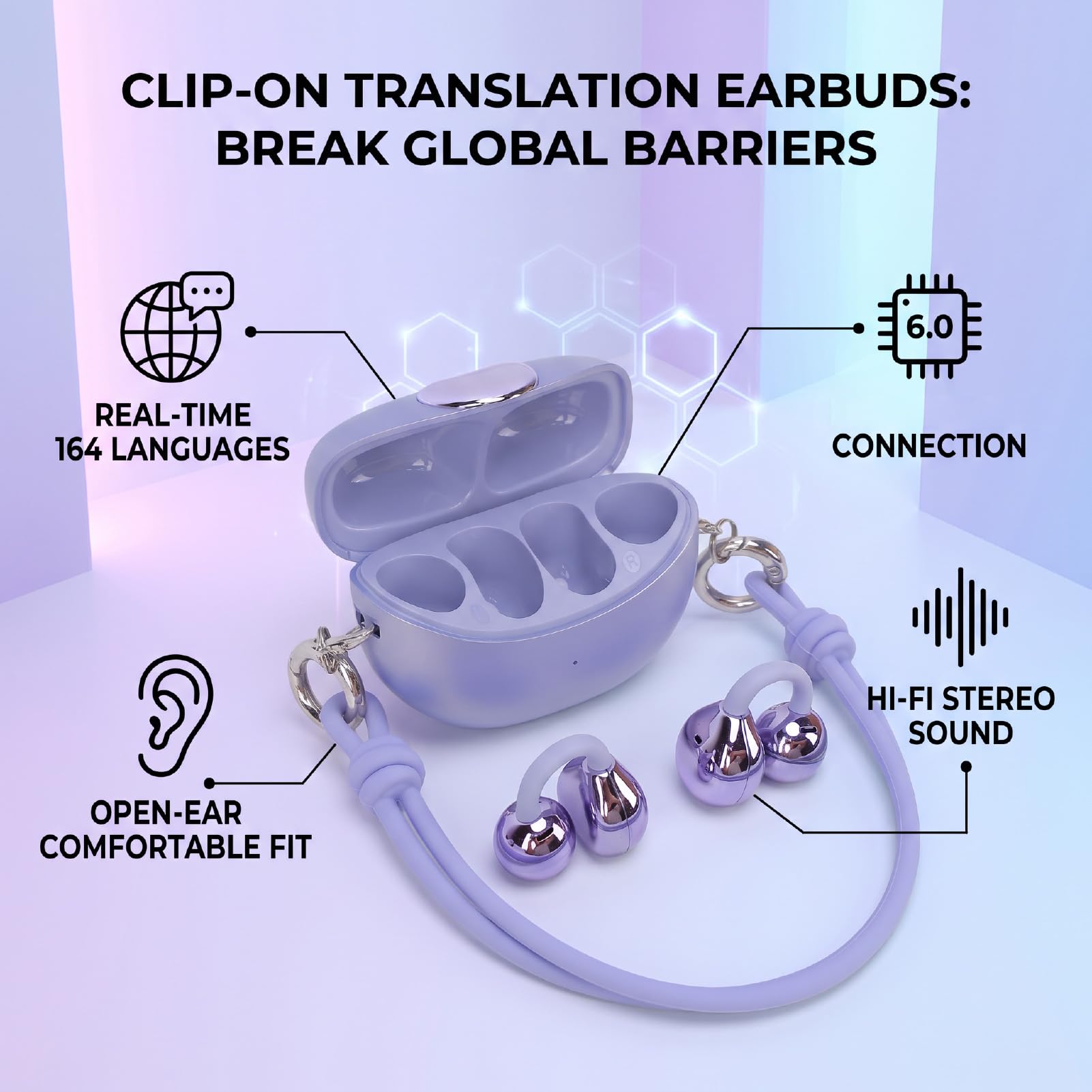 Luocute Écouteurs à Clipser pour Femmes, Traduction en 164 Langues (Purple)