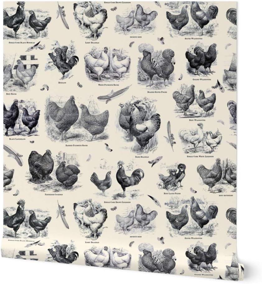 Removable Wallpaper 6ft x 2ft - Poultry Cream Black Toile Vintage Antique Victorian Historical Chicken Custom Pre-Pasted Wallpaper by Spoonflower