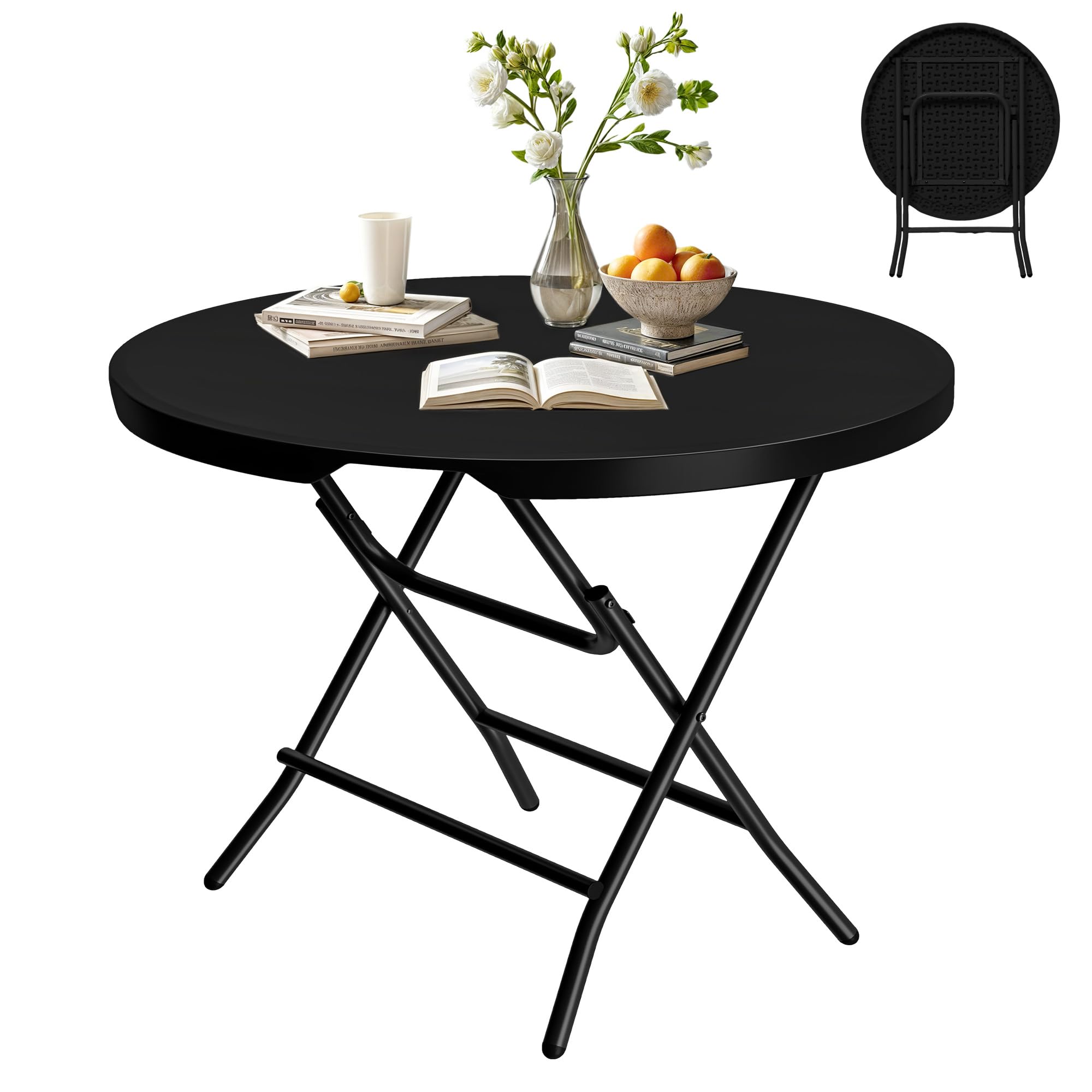 DWVO 80cm Round Folding Table, Waterproof Outdoor Patio Dining Table, Black