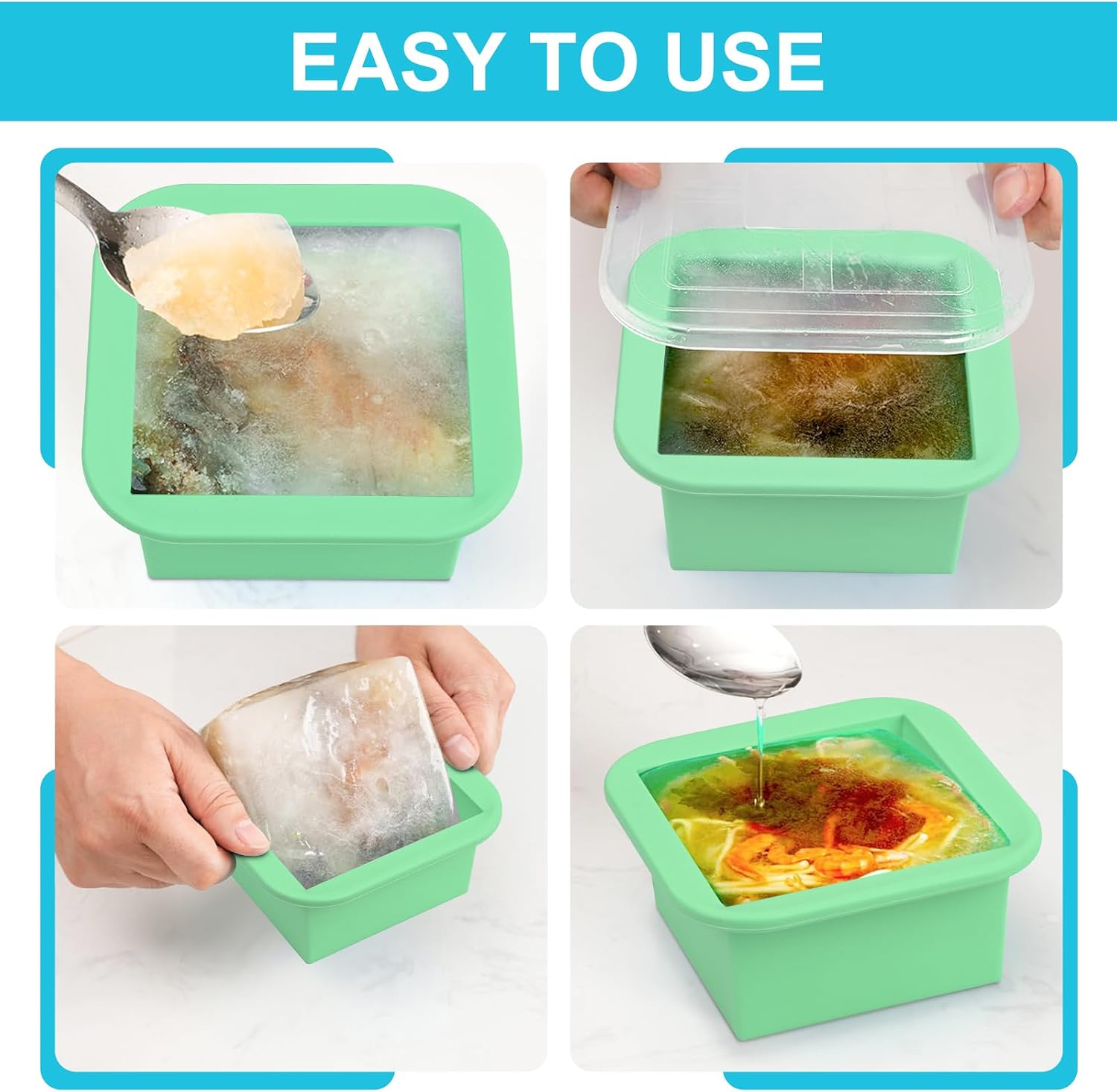 Silicone Freezer Tray with Lid 4 Pack Silicone Freezer Molds Ice Cube Tray Makes 8 Perfect 1 Cup Portions Soup Cubes Meal Prep Containers- Oven & Dishwasher Safe