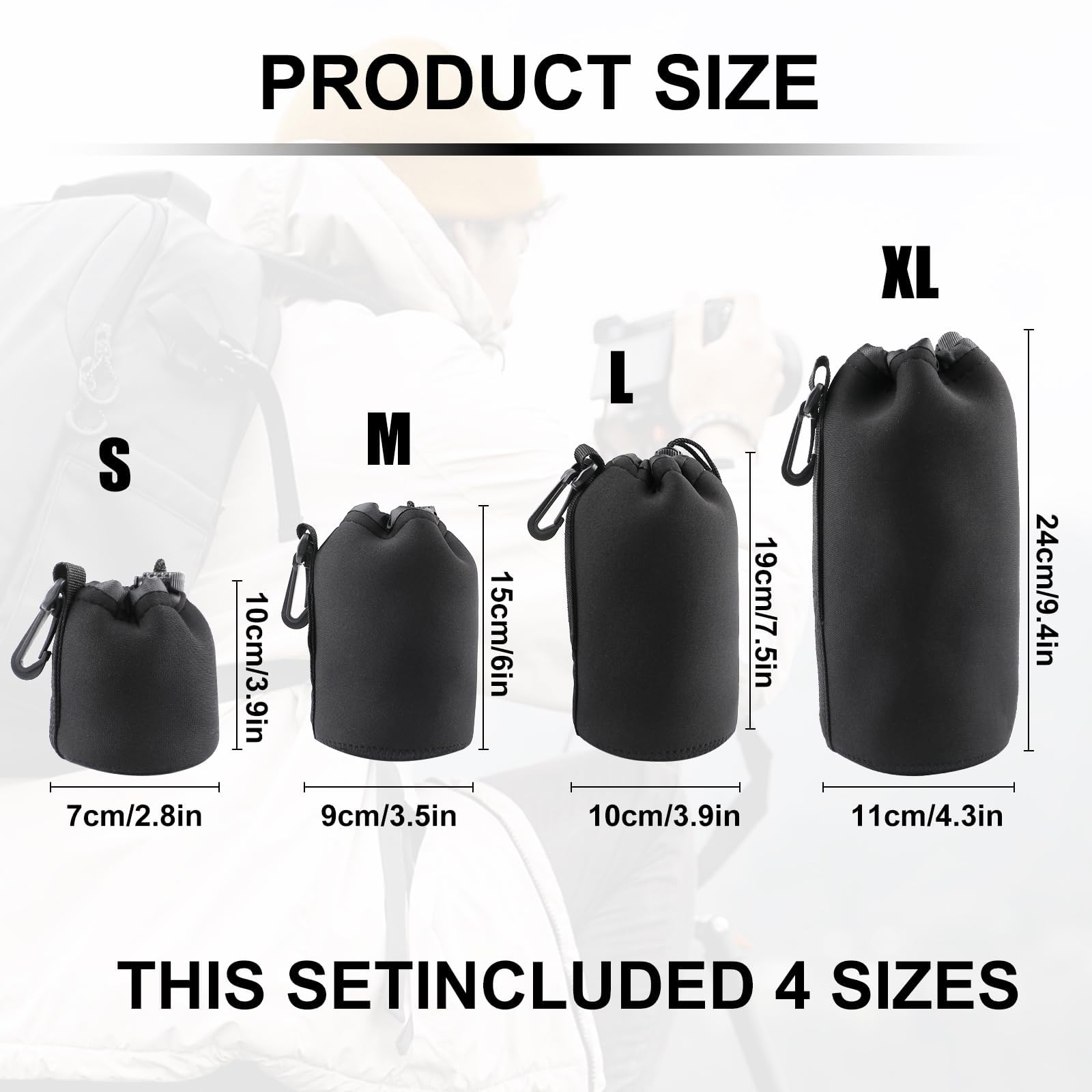 4 Stück Objektivtasche Set aus Neopren Objektivbeutel in 4 Größen,Schwarz mit Kordelzug, Kamerazubehör Schutz für Kamera Objektiv,weiche Schutzbeutel für DSLR Zubehör Canon Nikon Sony Pentax Olympus