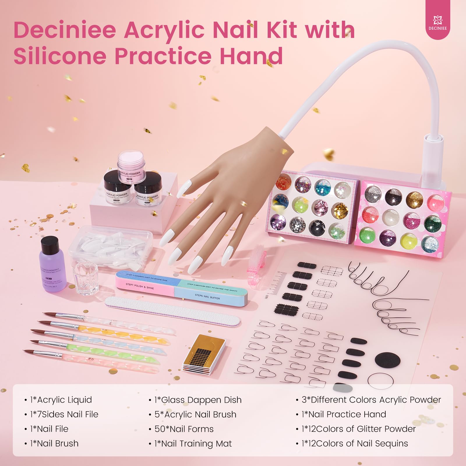 Mano de práctica para uñas acrílicas: Mano de silicona para práctica de uñas con kit de uñas acrílicas para principiantes - Entrenamiento flexible Manicura de manos falsas Juego de polvo acrílico para 2