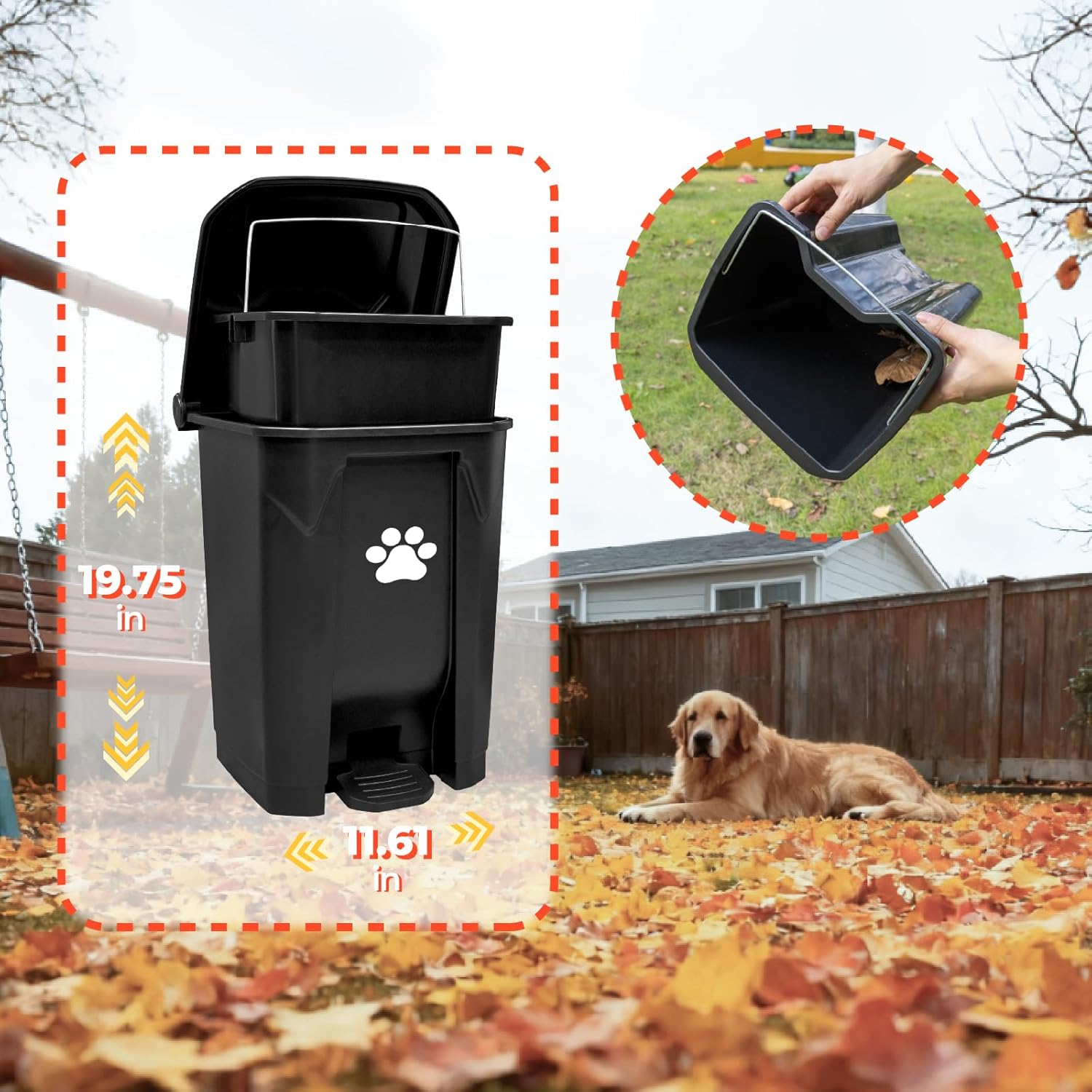 20L Pooper Scooper with Dog Poop Trash Can Outside, Heavy Duty Long Handle Dog Pooper Scooper with Bags, Outdoor Dog Waste Trash Can with Lid, Metal Rake Tray Bin Set for Yard