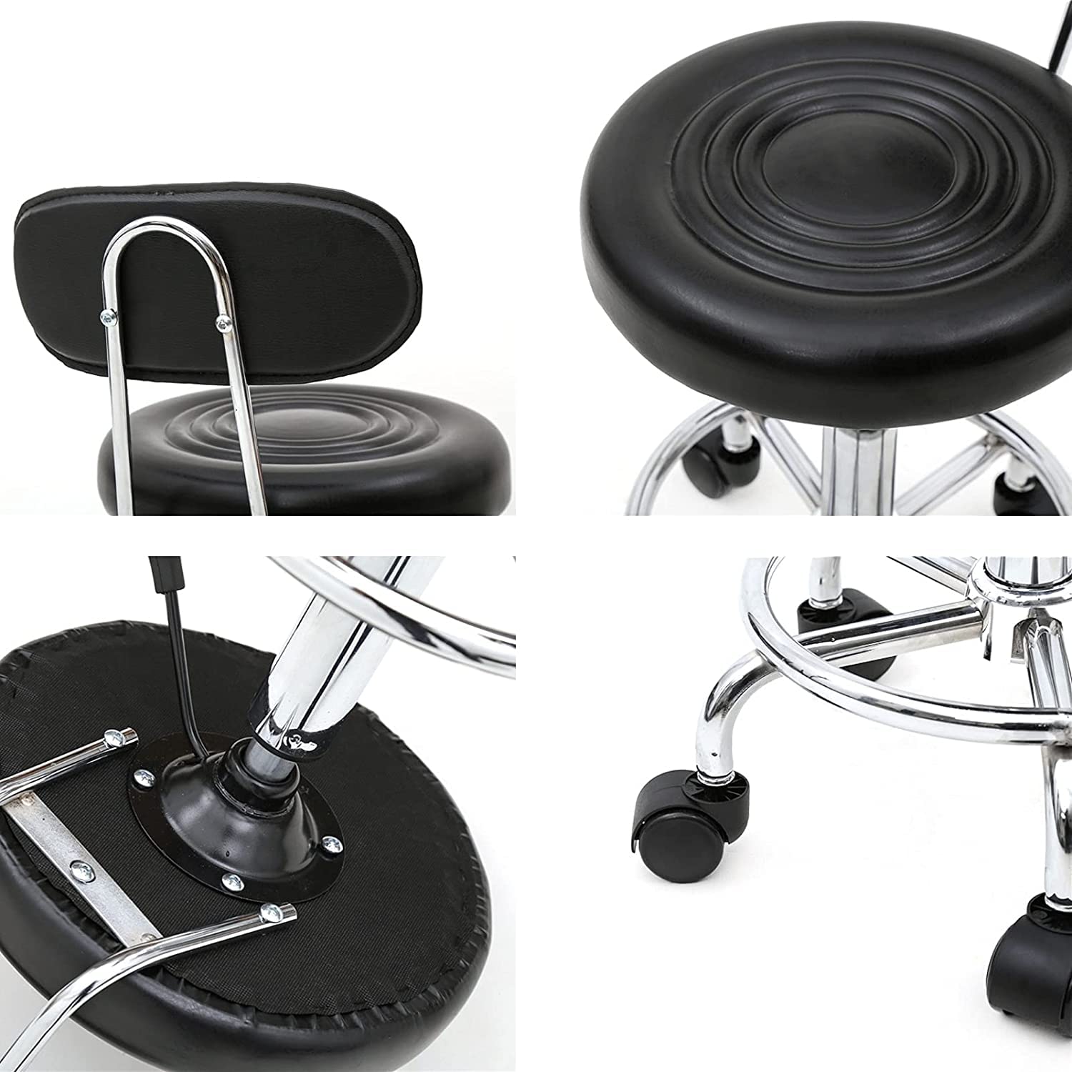Ergonomischer Rollhocker mit Rückenlehne Arbeitshocker Drehhocker Rollhocker 360° drehbar Höhenverstellbarer 48-58cm für Büro Salon (Schwarz, 1)