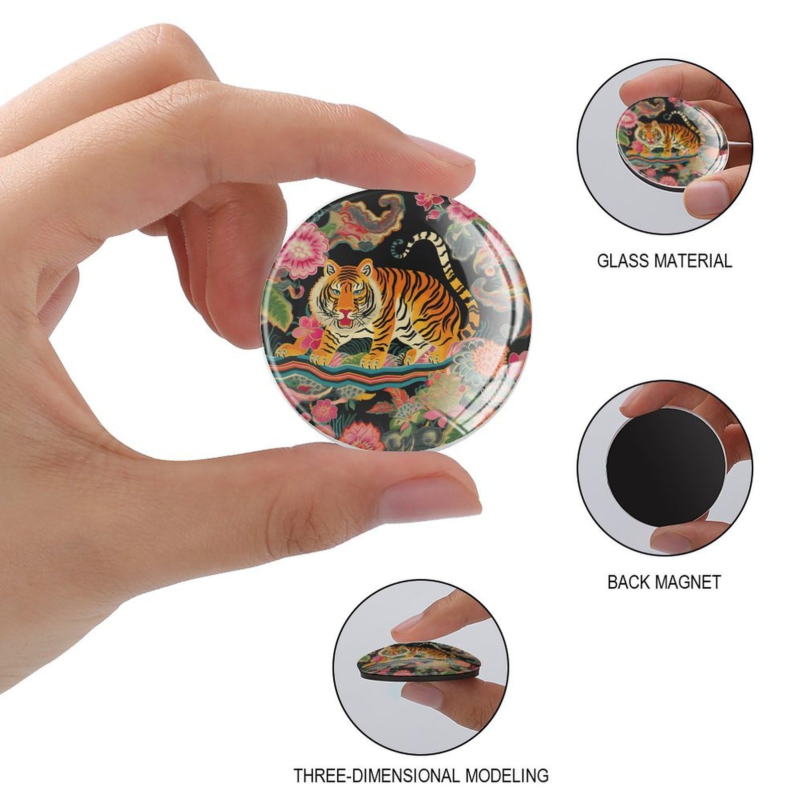 Imanes de refrigerador de estilo asiático, imanes pequeños de vidrio, diseño de tigre, floral, chinoiserie, divertidos imanes de estilo chino exóticos para la escuela, hogar, cocina,