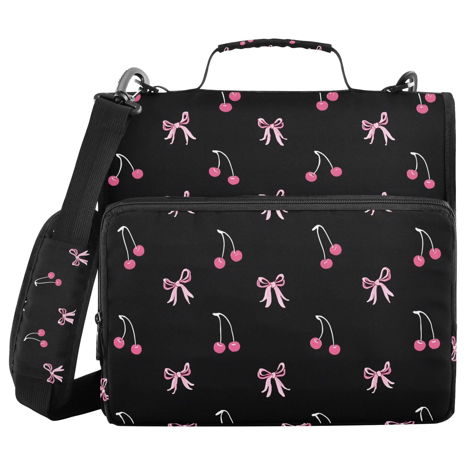 Black Pink Bow Cherry Zipper Binder Bag 3 Ring Binder with Shoulder Strap Zip Up 500 Sheets Capacity Multi Pockets for School Office Supplies