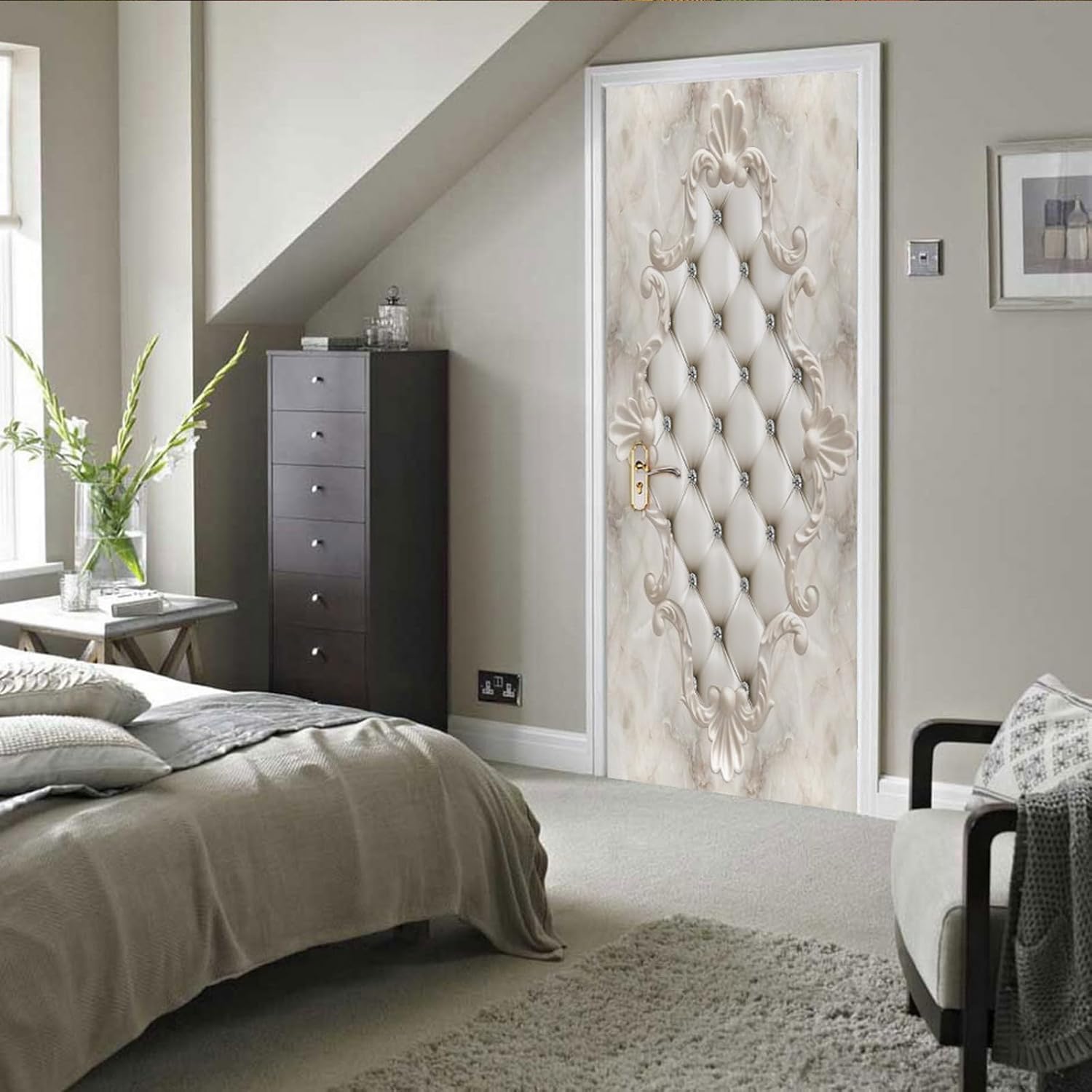 A.Monamour 3D Door Stickers for Interior Doors Beige Upholstery Fabric Vintage Pattern Background Vinyl Waterproof Self Adhesive Door Mural Decals for Bedroom Office Bathroom 77 x 200cm