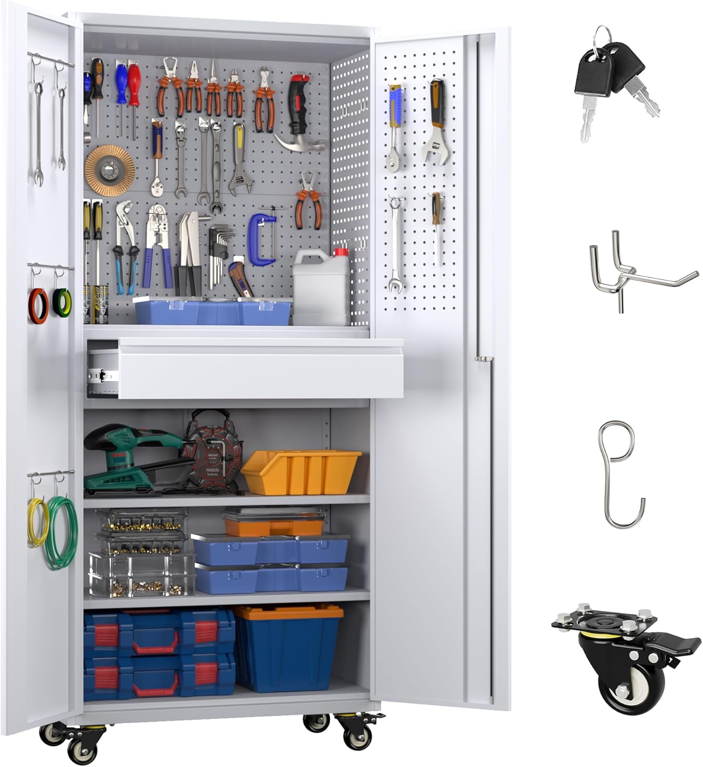 Garage storage cabinet with locking doors and wheels