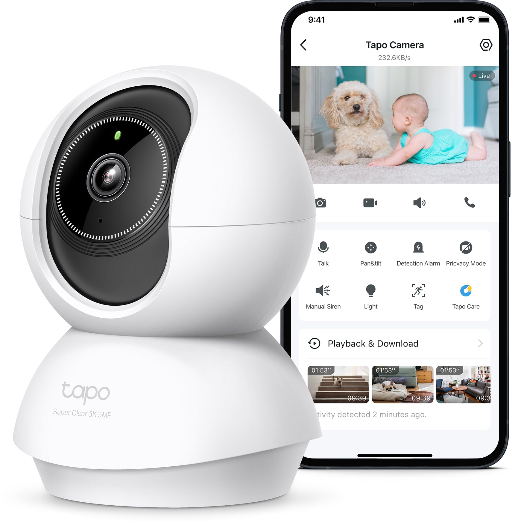 Tapo Tapo C230 3K 5MP Überwachungskamera innen 360°, WLAN 2,4GHz, KI-Erkennung, Nachtsicht, Bewegungserkennung, Zwei-Wege-Audio, Kompatibel mit Alexa und Google Assistant, microSD bis 512 GB