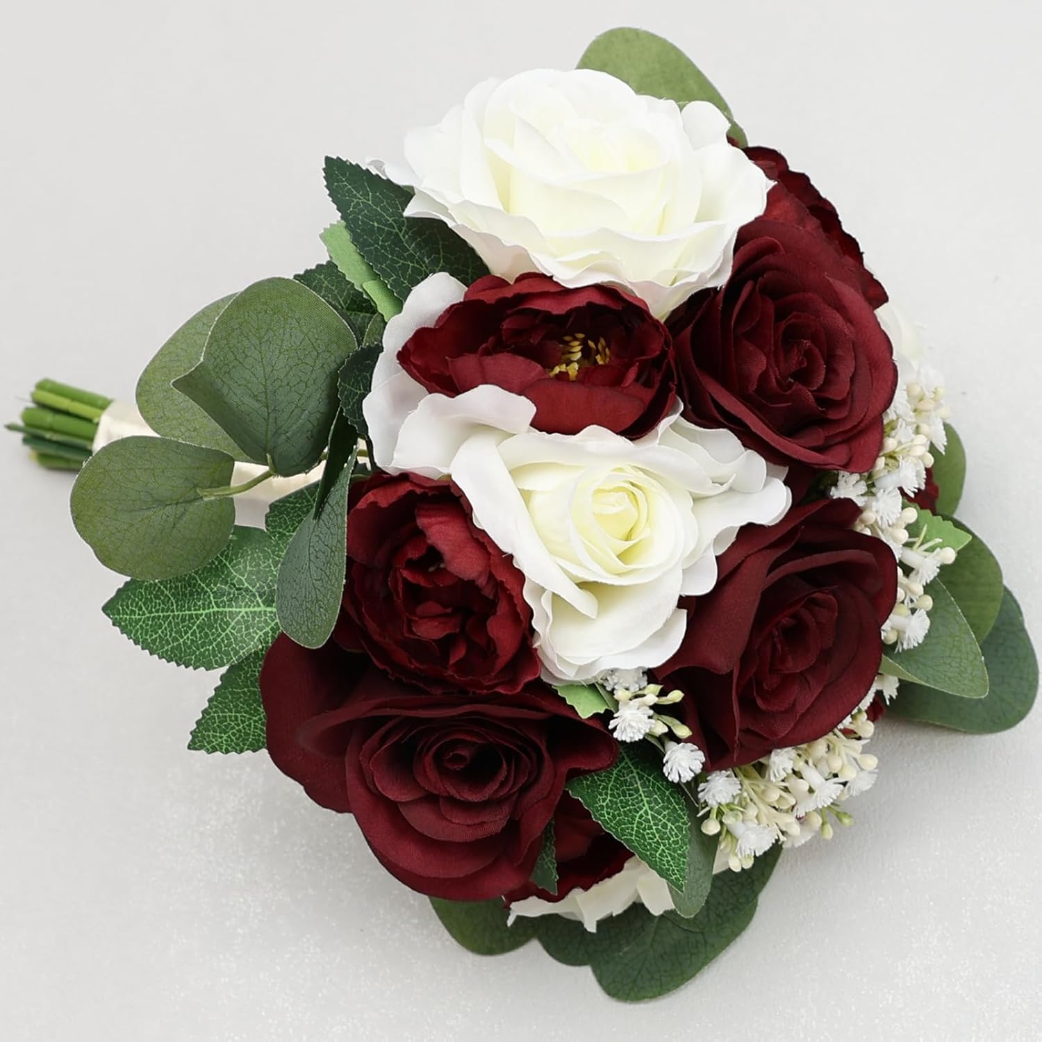 Set of 4 Bridesmaid Bouquets, 11 Inch Wedding Bouquets for Bridesmaids Artificial Flower Bouquets for Wedding Ceremony Bridal Shower Decorations - Burgundy & White - Image 3