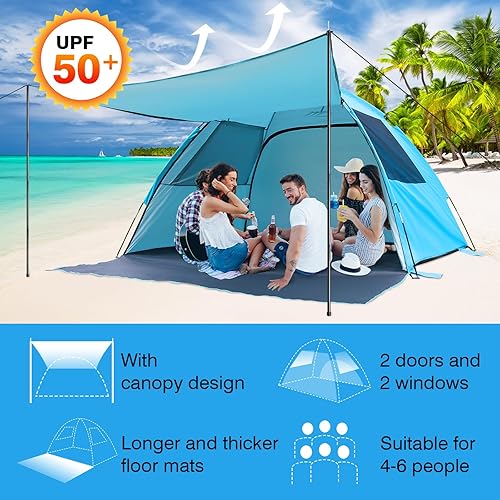 Miniatura 9 de DLUCKY Tienda de campaña de playa para 123456 personas, protección solar portátil anti-UV UPF 50+, suelo extensible en ambos lados, toldo