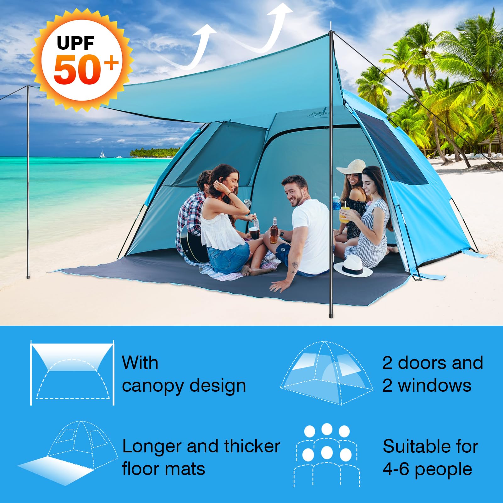 DLUCKY Namiot plażowy dla 2/3-4/5 osób, przenośny schronienie przed promieniowaniem UV UPF 50+, obustronnie wysuwana podłoga, wysuwana markiza, z 2 oknami z siatki wentylacyjnej, lekki i łatwy montaż,