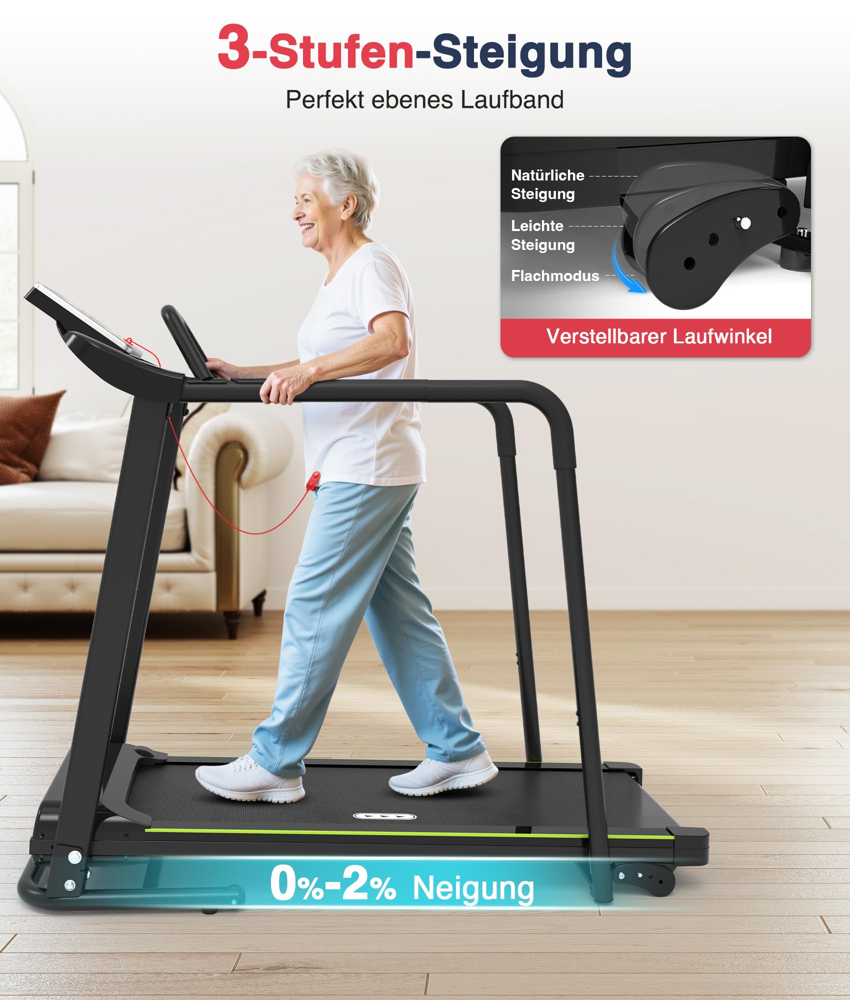 Redliro Laufband für Senioren mit Handläufen, sanfter Start ab 0,5 km/h | 300 lb Tragkraft,0–2 % Neigung,Transporträder,Auto-Schmierung, Bildschirm-Aus-Taste,Rehabilitations-Laufband für Zuhause