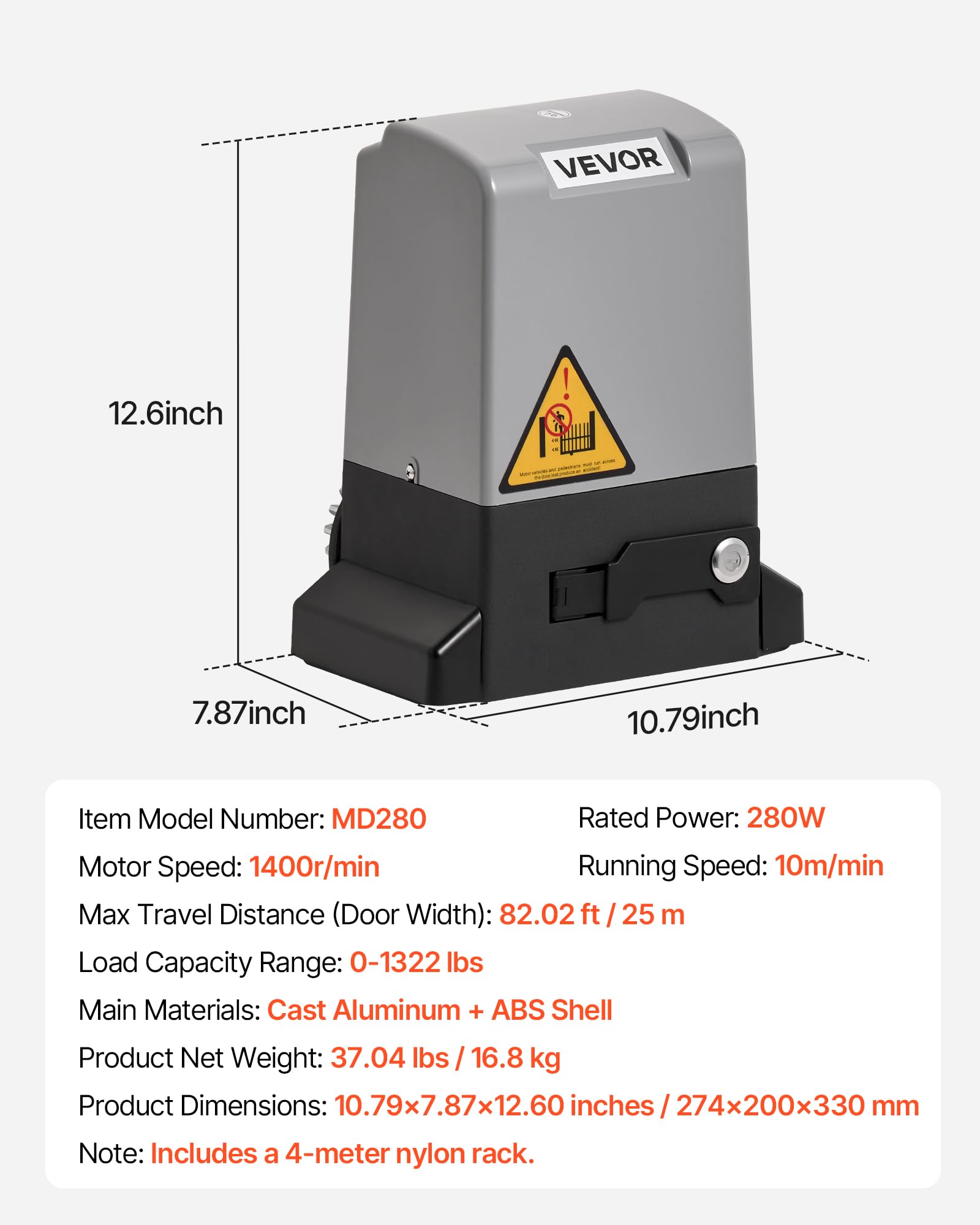 VEVOR Abridor de Puerta Corrediza Eléctrico 280 W para Puertas de hasta 25 m Carga de 816 kg con Cremallera de Nailon, Sensor Infrarrojo, 2 Controles Remotos, Sistema de Apertura de Portones 10 m/min