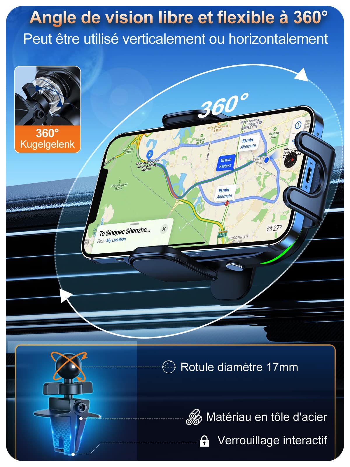 Auckly 15w Support Telephone Voiture Induction,【60W PD+QC+Ventouse+Agrafe】 Rapide Chargeur Induction Voiture, pour iPhone 11 12 13 14 15 16 Série & Samsung S24 S23 S22 etc. [A02 XPAC]